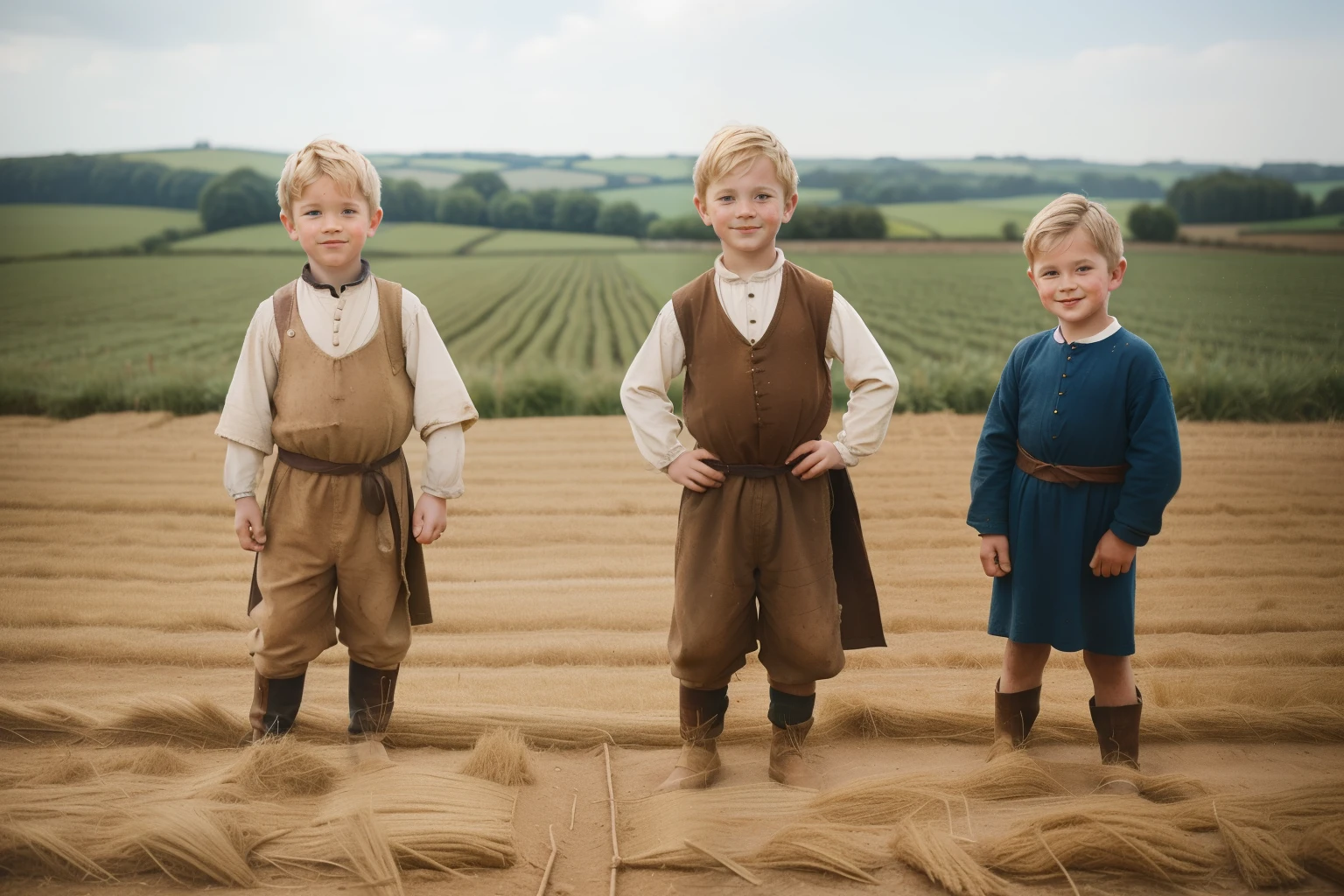 England, 1347. A duo of ((((9 and 7--old)oy siblings)), strong, rustic, freckles all over his face, working in a farm, sowing the fields, with two little (8 and 6 years old). (ngs from the 1340s)))), ((blond hairstyle of the 1340s))