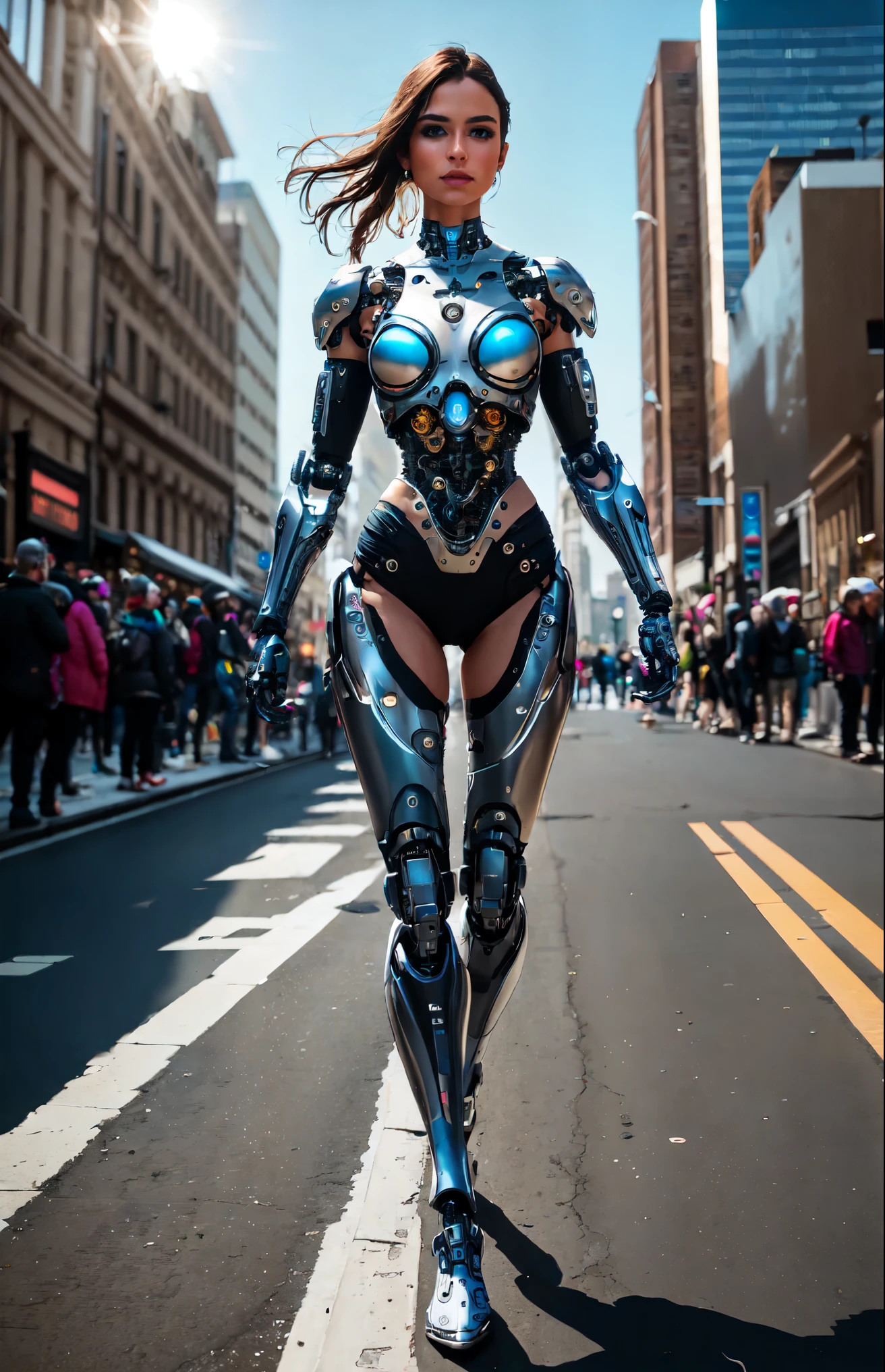 Female cyborg walking down the street in a crowd of people in the big city, defile show, high quality, best quality, absurdres, masterpiece, beautiful, intricate details, 1/2 body crop, slim body, beautiful figure, magnificent anatomy, (intricate details:1.12), HDR, (intricate details, hyper-detailing:1.15), (natural skin textures, hyper realisitc, soft light, Sharp:1.2)