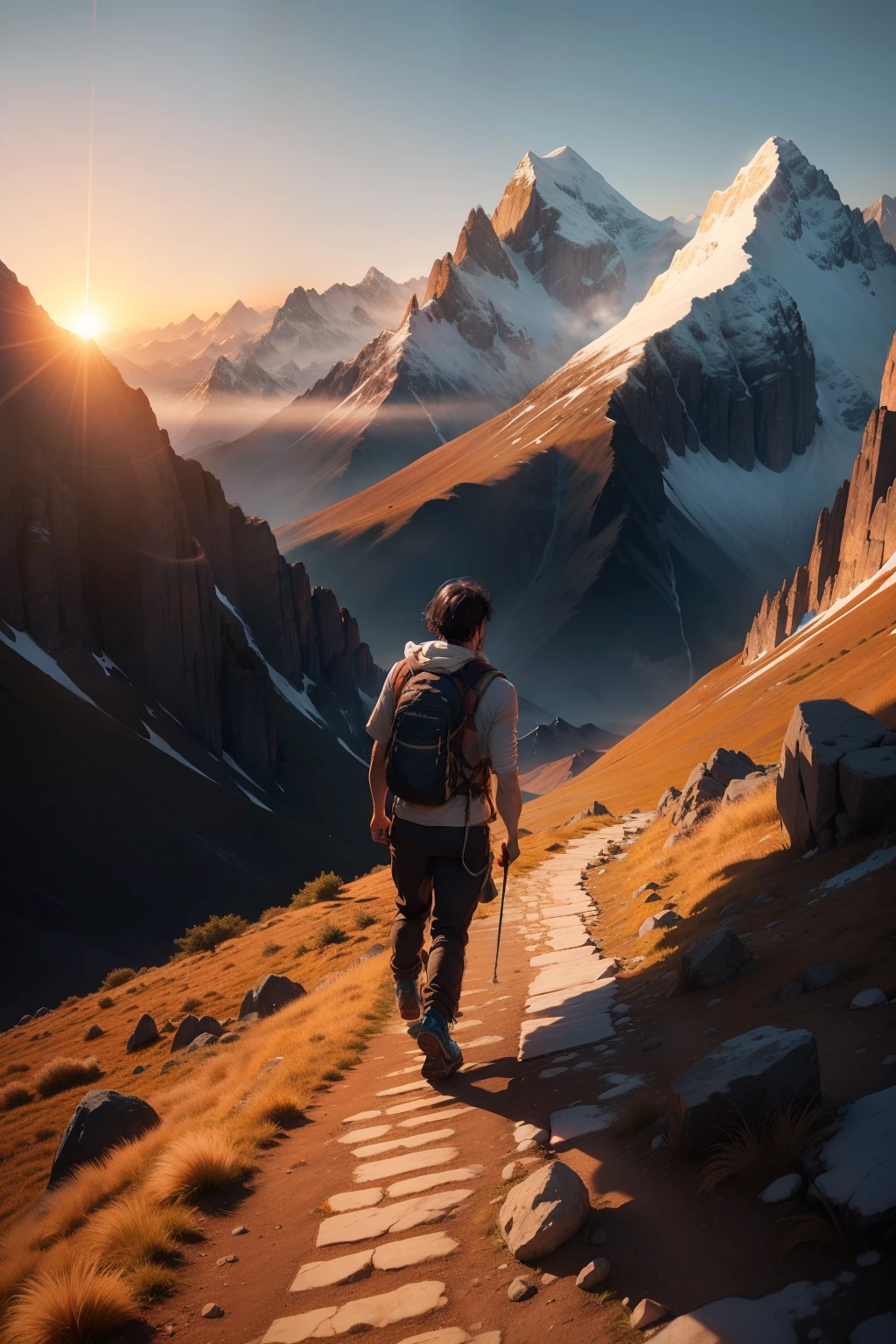 A man ascending a mountain with the sun setting deep in the valley below. The golden rays illuminate his determined face, casting long shadows beneath his feet. His clothing is worn and tattered, evidence of the rigorous climb. Sweat glistens on his brow, mingling with the grime on his face. The steep terrain challenges his every step, but his resolve never falters. The sun's gentle breeze ruffles his hair, adding a sense of tranquility to the scene. The mountain peaks, now bathed in the warm sunset hues, beckon him onward in this breathtaking journey towards the summit.