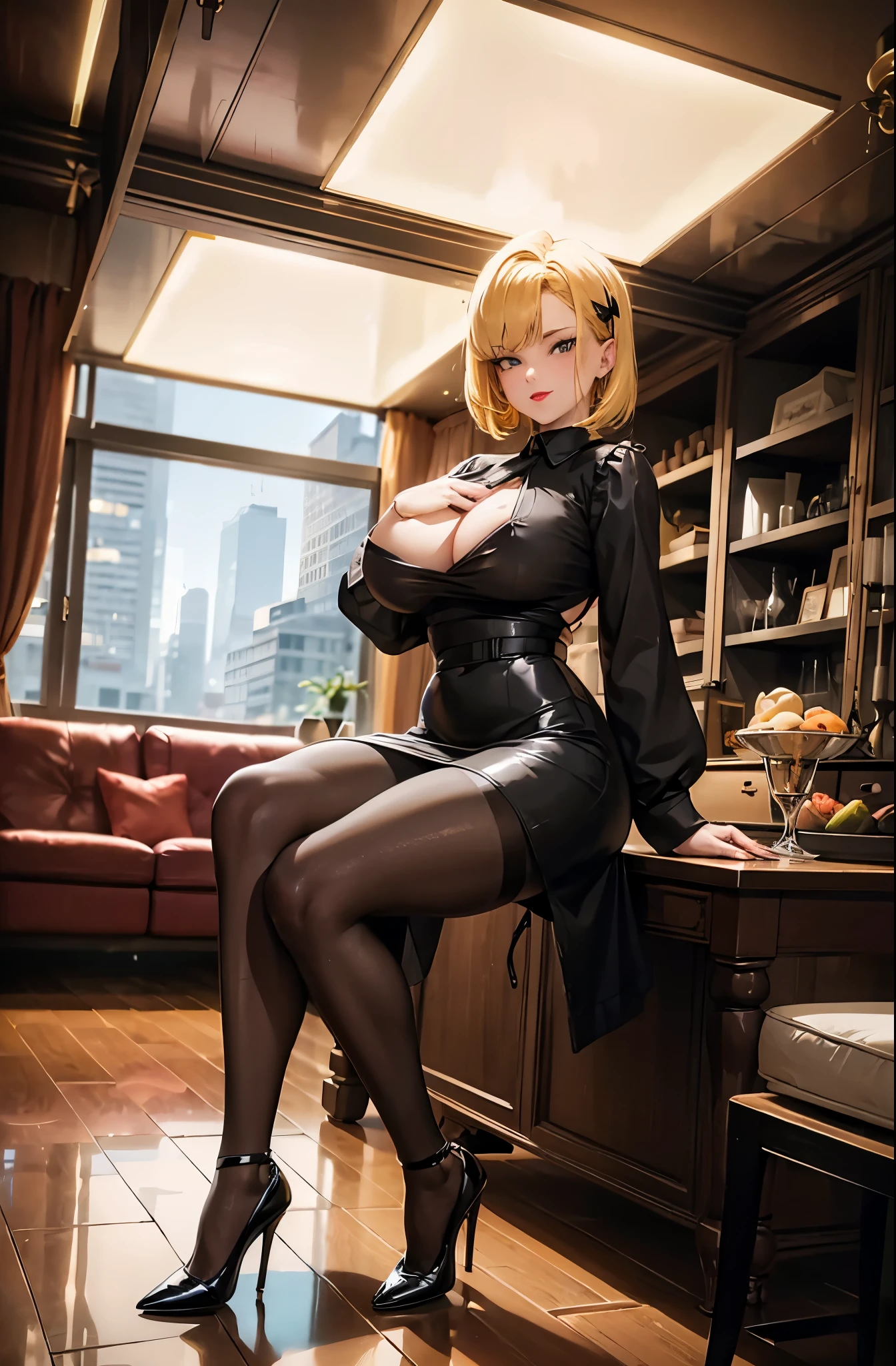 Girl, smile, red lips, big nose, big tits, big , short hair, yellow hair colors, fair skin, black maid suit colors, black pantyhose stocking colors, black high heels colors, sexy girl, sexy body, beautiful girl, sexy pose, realistic girl pose, in room pose, gaze looking at the camera,