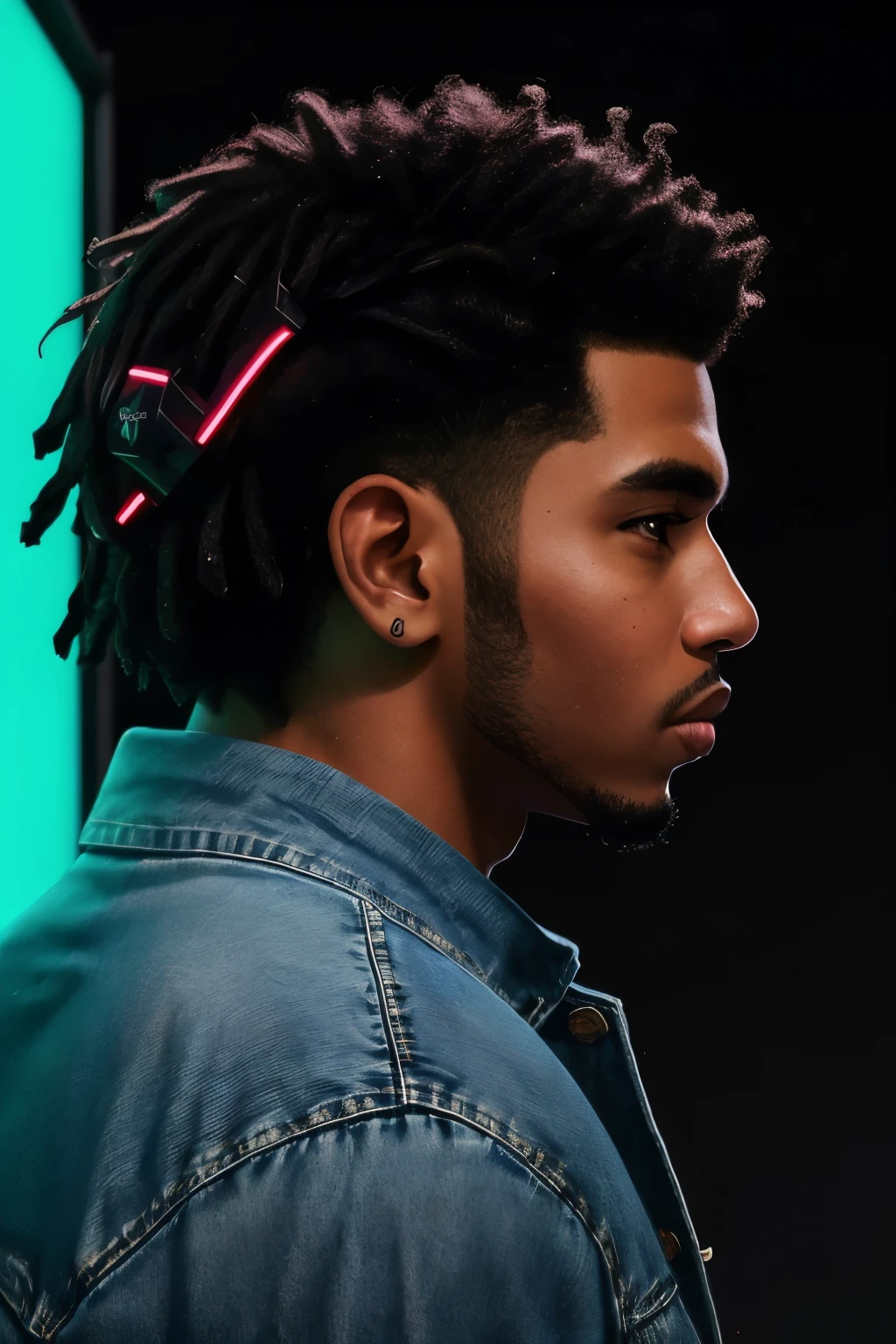 black man in denim jacket, profile shot, aesthetic shot, inspired by Robbie Trevino, wearing cyberpunk streetwear, personal profile picture, twitch streamer / gamer ludwig, with neon lights, Aesthetic!!, inspired by Adam Dario Keel, an