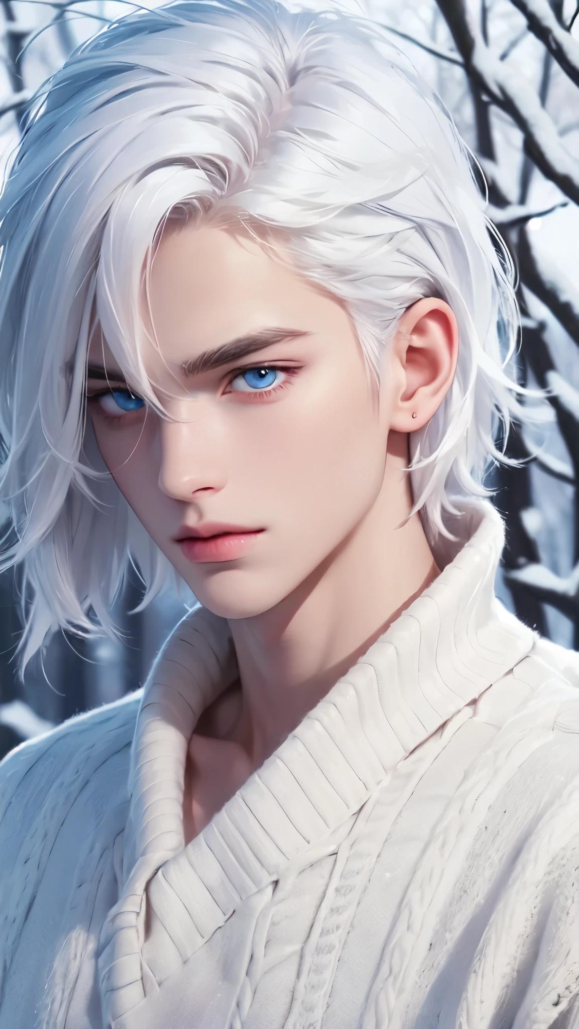 Boy, white hair, blue eyes, serious sharp features, white skin, pink lips, winter fashion.