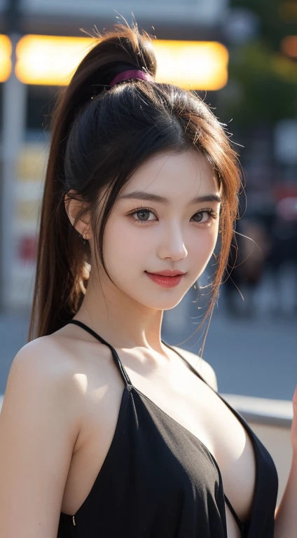 table top, highest quality, shape, Super detailed, finely, High resolution, 8k wallpaper, 完璧なダイナミックな構shape, beautiful and detailed eyes, trendy women winter fashion,ponytail,small breasts natural color lip, sexy pose,smile,Harajuku、20 year old girl、sexy look for the camera