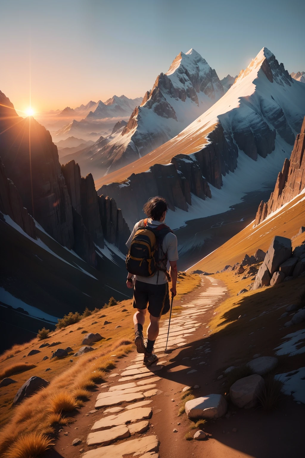 A man ascending a mountain with the sun setting deep in the valley below. The golden rays illuminate his determined face, casting long shadows beneath his feet. His clothing is worn and tattered, evidence of the rigorous climb. Sweat glistens on his brow, mingling with the grime on his face. The steep terrain challenges his every step, but his resolve never falters. The sun's gentle breeze ruffles his hair, adding a sense of tranquility to the scene. The mountain peaks, now bathed in the warm sunset hues, beckon him onward in this breathtaking journey towards the summit.