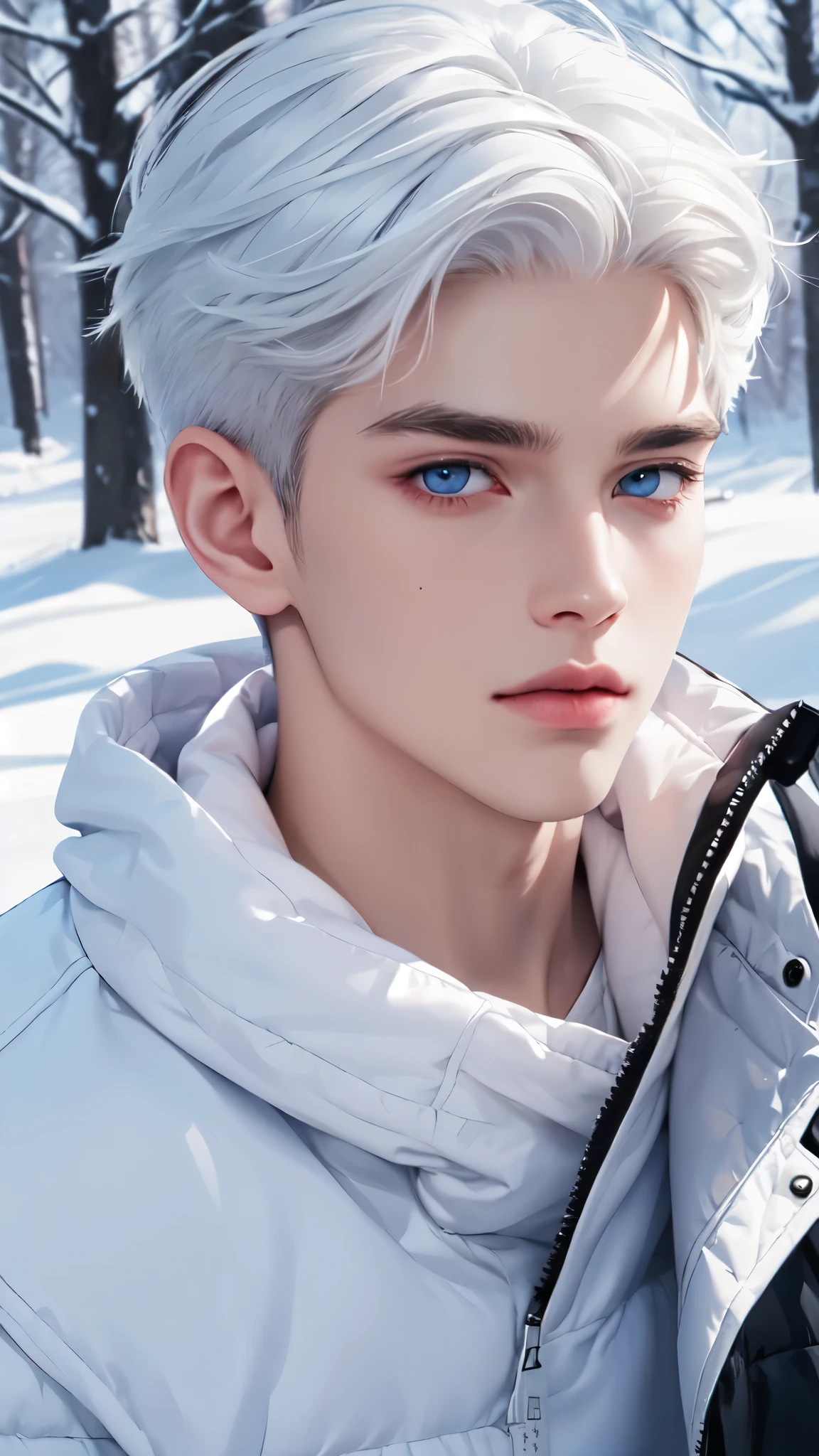 Boy, white hair, blue eyes, serious sharp features, white skin, pink lips, winter fashion.
