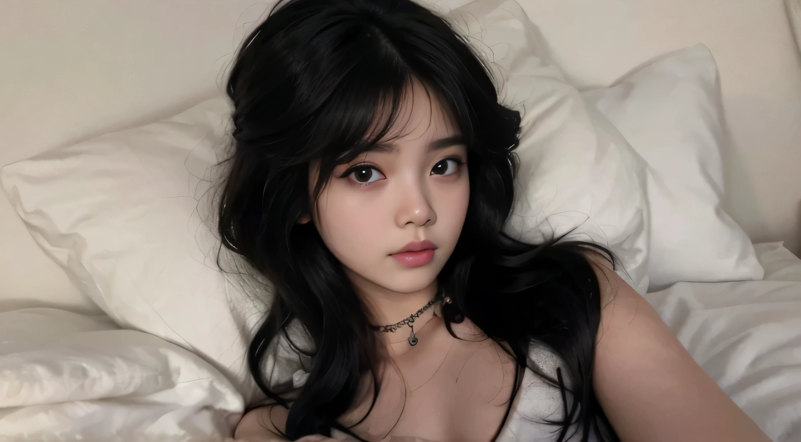 mulher arafa deitada em uma cama com um cobertor de pele branca, ela tem um rosto fofo, pale round face, Ulzzang, with pale skin, de 19 anos, rosto redondo e macio, linda mulher sul-coreana, lindo rosto delicado, ela tem cabelo preto com franja, linda jovem coreana, posando na cama, com cabelos longos e olhos penetrantes