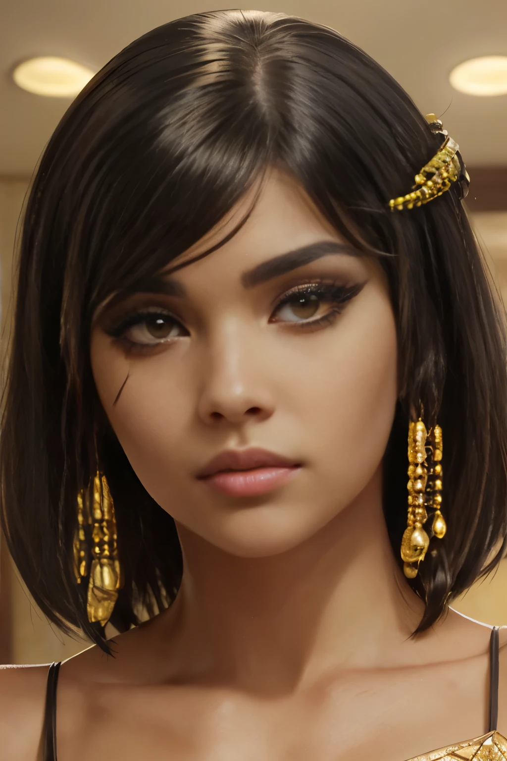 hyper realistic portrait shot of a beautiful egyptian queen, looking down proudly on the camera with her (expressive yellow eyes), tanned skin tone , thin nose, thick kissable parted lips , (black blunt bob hair with braided bangs), golden accessories and jewelries , (thick eyeliner), (eye makeup),