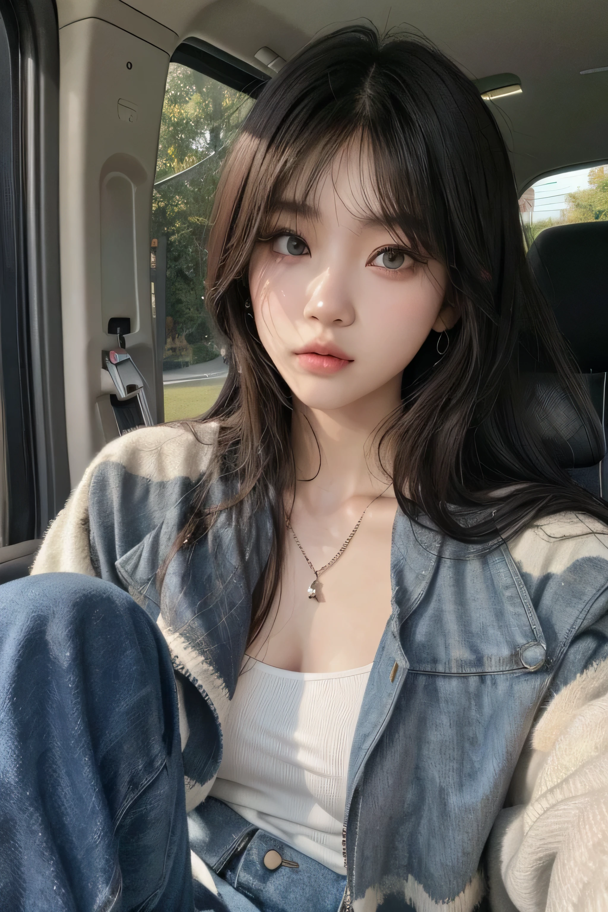 There's a woman sitting in a car with a purse, Ulzzang, ela tem cabelo preto com franja, Jinyoung Shin, Xision Wu, linda jovem coreana, de 19 anos, Xintong Chen, a young Asian woman, cai xukun, cruel korean goth girl, camisa cropped com jaqueta, 18 anos de idade, com cabelo curto