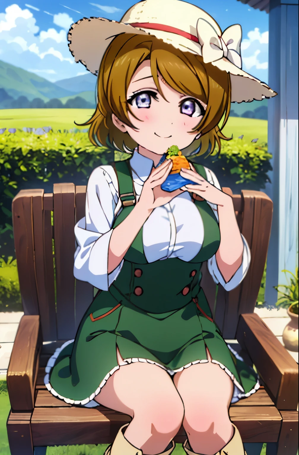 (((pixel perfect, Perfect in every detail))), alone, 1 girl, Hanayo Koizumi, brown hair,short hair,purple eyes,looking at the viewer, smile,straw hat、big breasts,sitting in a chair,eat rice balls with both hands,concealment of work　overalls,rice planting boots,Paddy field,Sunny,countryside,(masterpiece:1.2), highest quality, High resolution, unity 8k wallpaper, (shape:0.8), (beautiful and detailed eyes:1.6), highly detailed face, perfect lighting, Very detailed CG, (perfect hands, perfect anatomy),