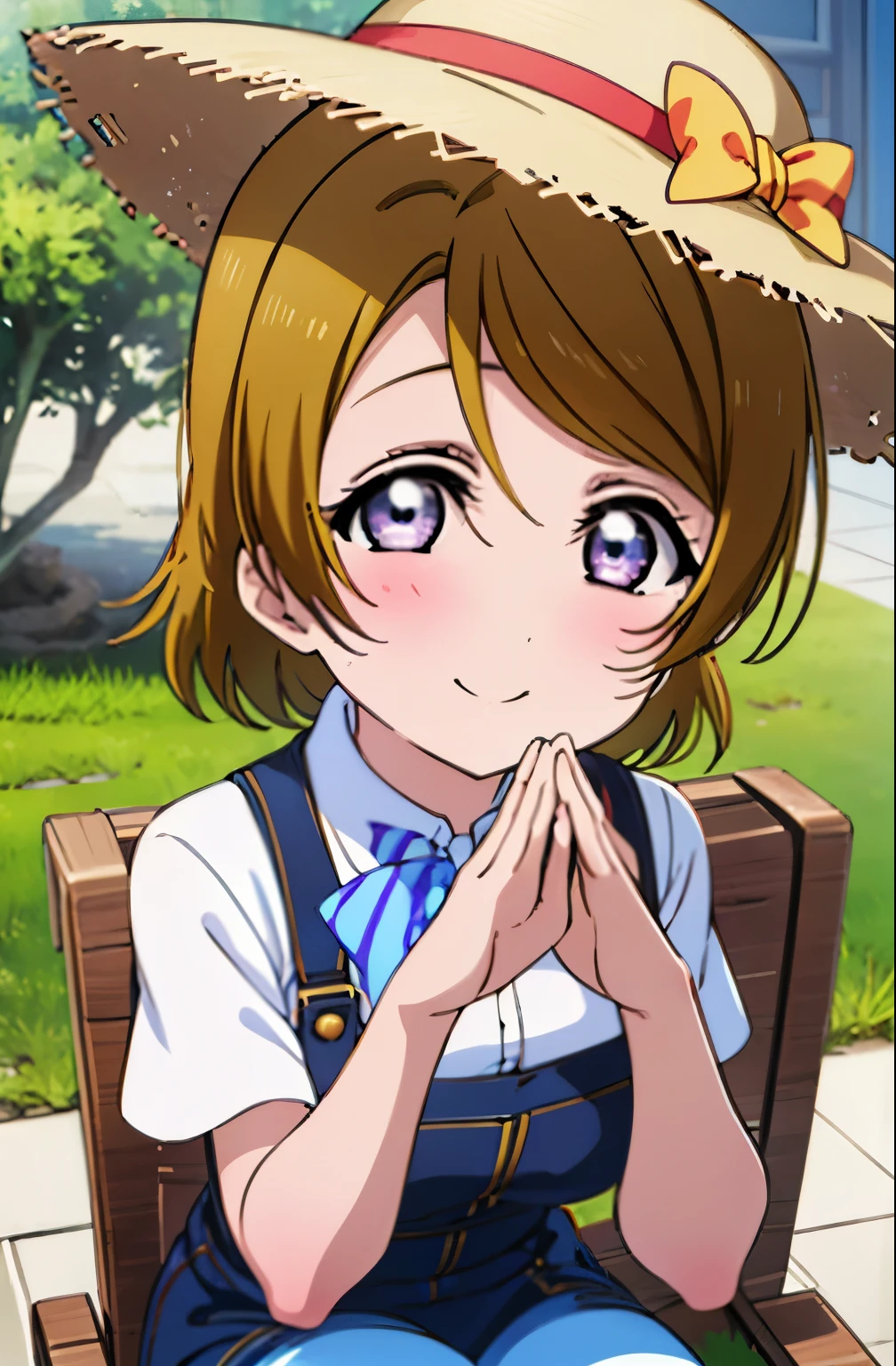 (((pixel perfect, Perfect in every detail))), alone, 1 girl, Hanayo Koizumi, brown hair,short hair,purple eyes,looking at the viewer, smile,straw hat、big breasts,sitting in a chair,eat rice balls with both hands,concealment of work　overalls,rice planting boots,Paddy field,Sunny,countryside,(masterpiece:1.2), highest quality, High resolution, unity 8k wallpaper, (shape:0.8), (beautiful and detailed eyes:1.6), highly detailed face, perfect lighting, Very detailed CG, (perfect hands, perfect anatomy),