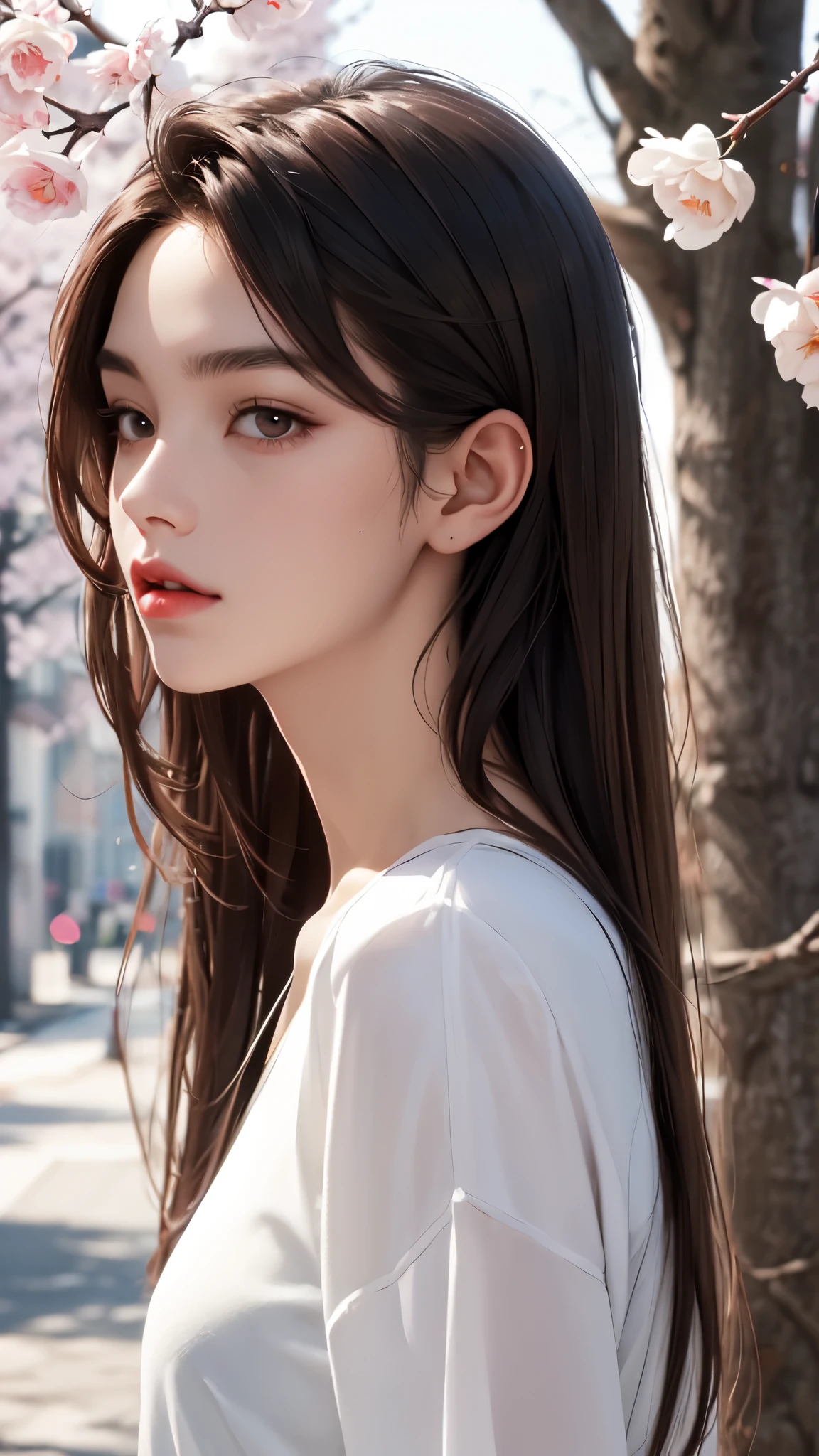 Girl, long brown hair, gray eyes, sharp features, white skin, cherry lips, soft and delicate, spring fashion