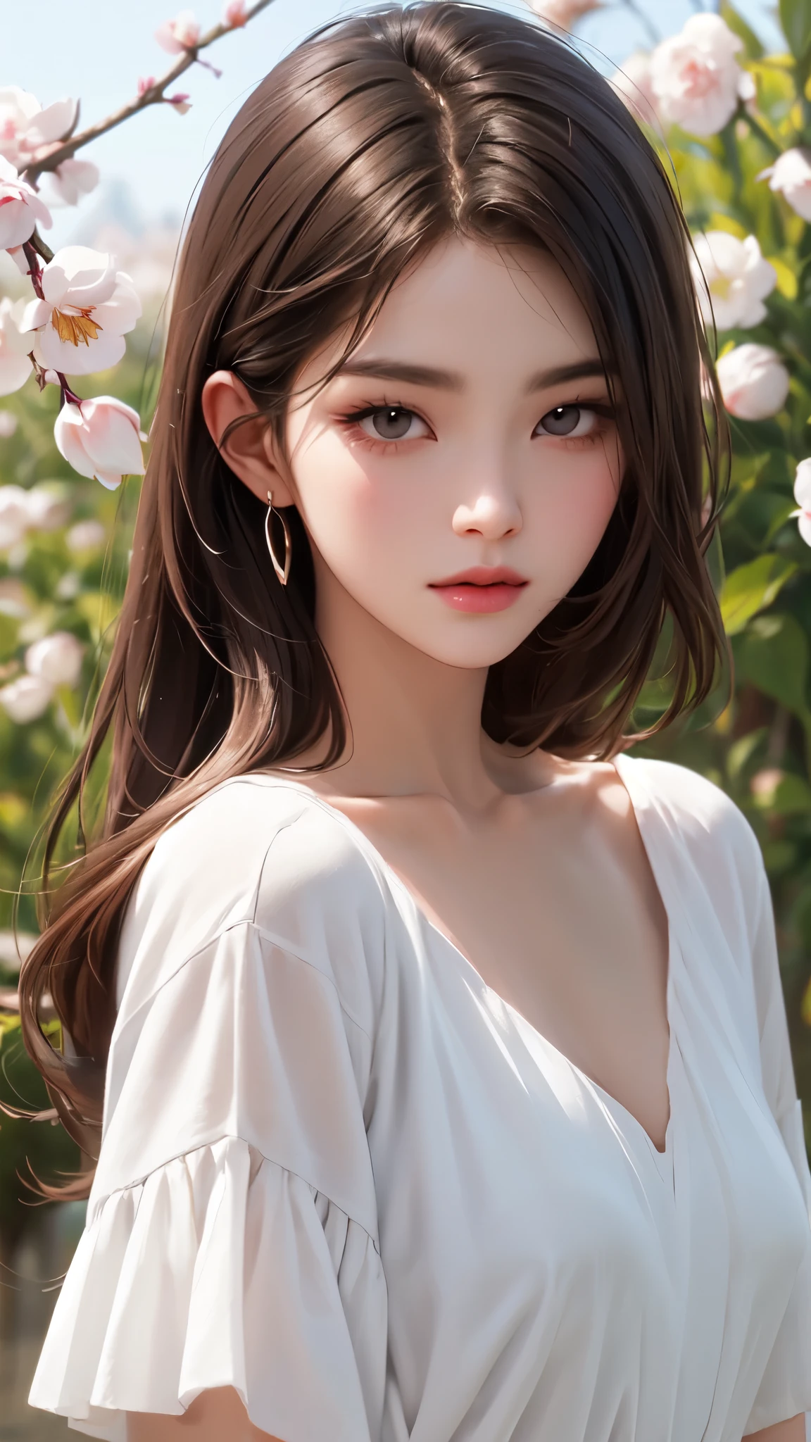 Girl, long brown hair, gray eyes, sharp features, white skin, cherry lips, soft and delicate, spring fashion
