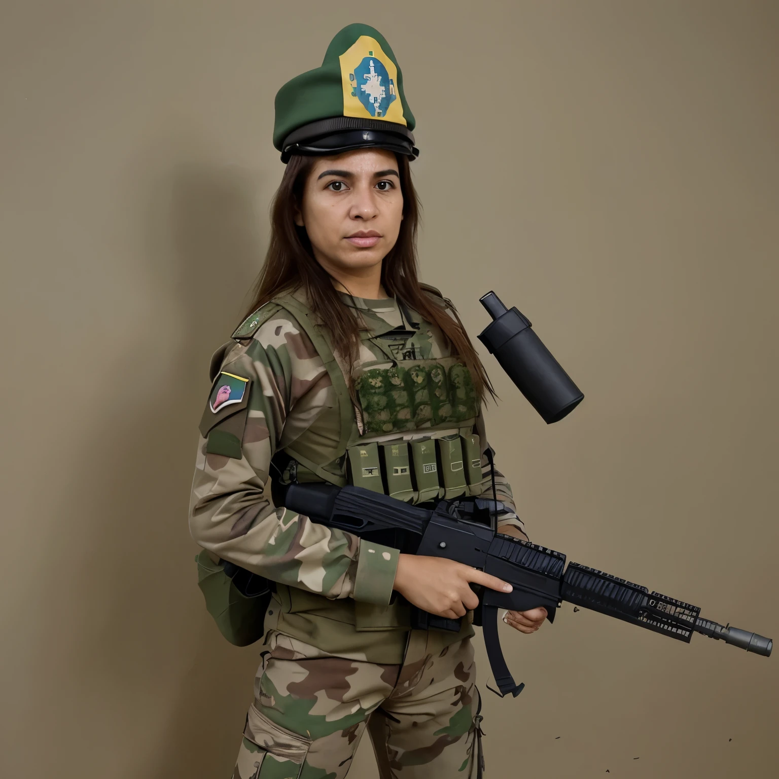 Soldado feminino, com traje do exercito com detalhes complexo, Altura total, hiper-realista, pequenos detalhes insanos, linhas extremamente limpas, 8k UHD, DSLR, grain of film, pintura fotorrealista Fujifilm XT3 arte midjourney, ((autoretrato do rosto frontal com zoo aproximado, Photography movie cinematic))