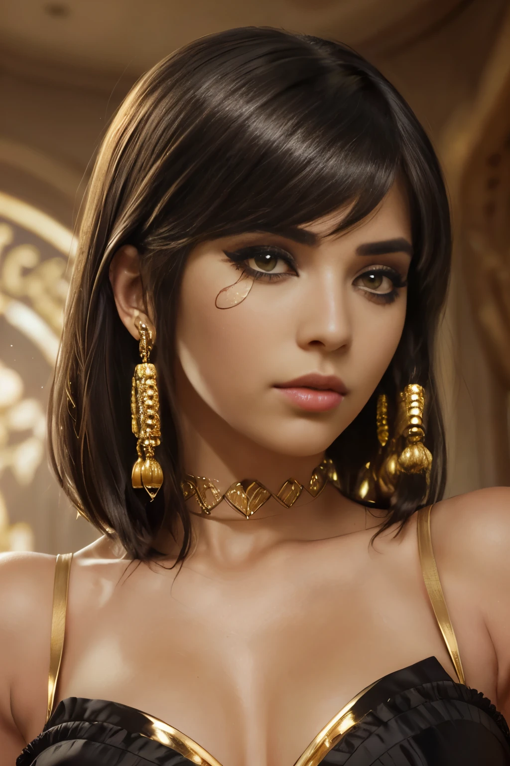 hyper realistic portrait shot of a beautiful egyptian queen, looking down proudly on the camera with her (expressive yellow eyes), tanned skin tone , thin nose, thick kissable parted lips , (black blunt bob hair with braided bangs), golden accessories and jewelries , (thick eyeliner), (eye makeup),