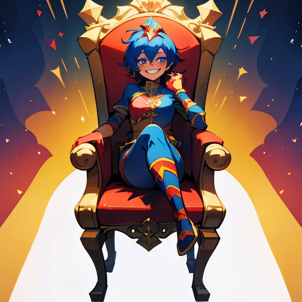 glitchy jester, sitting on a throne, smiling