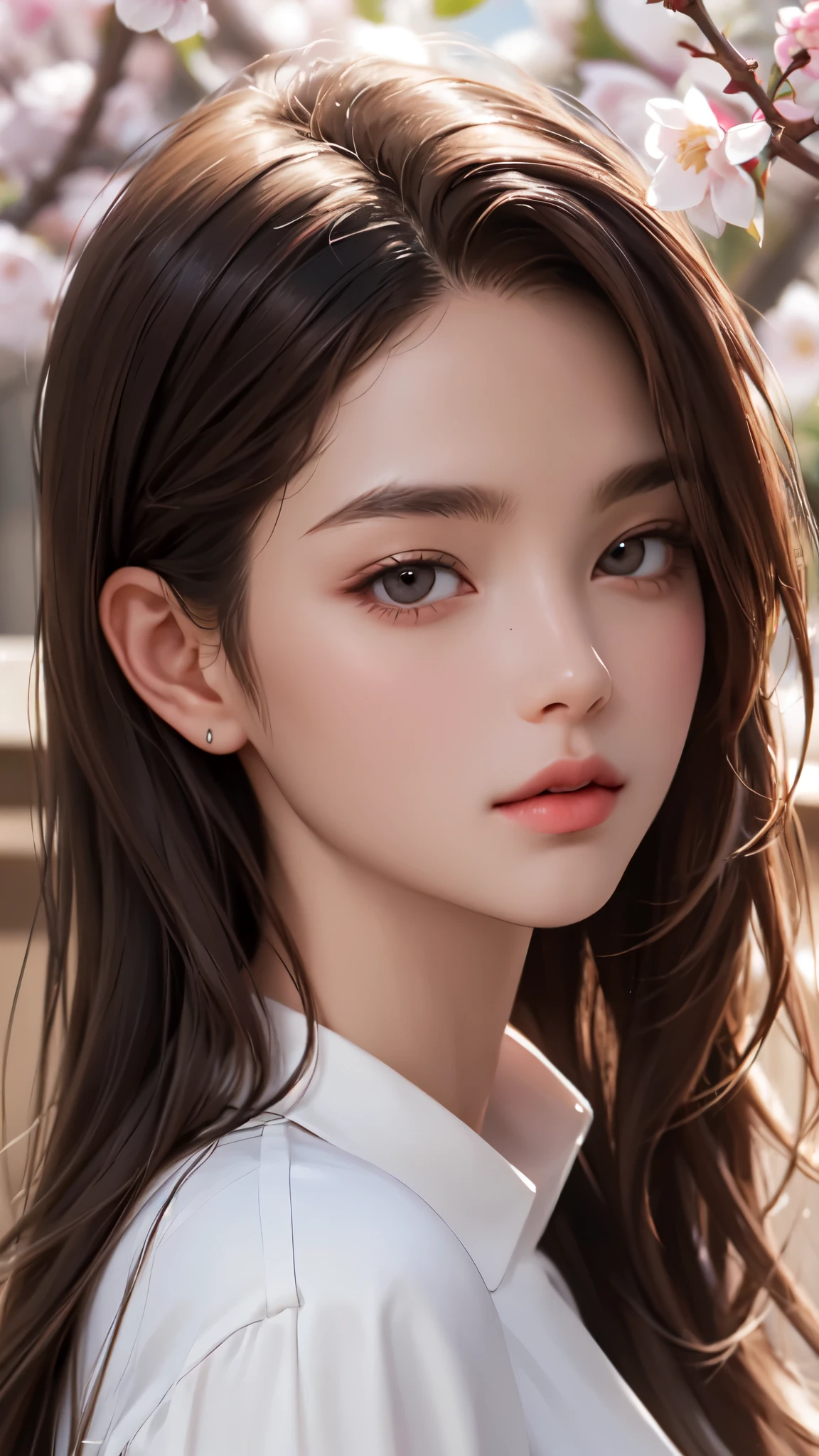 Girl, long brown hair, gray eyes, sharp features, white skin, cherry lips, soft and delicate, spring fashion