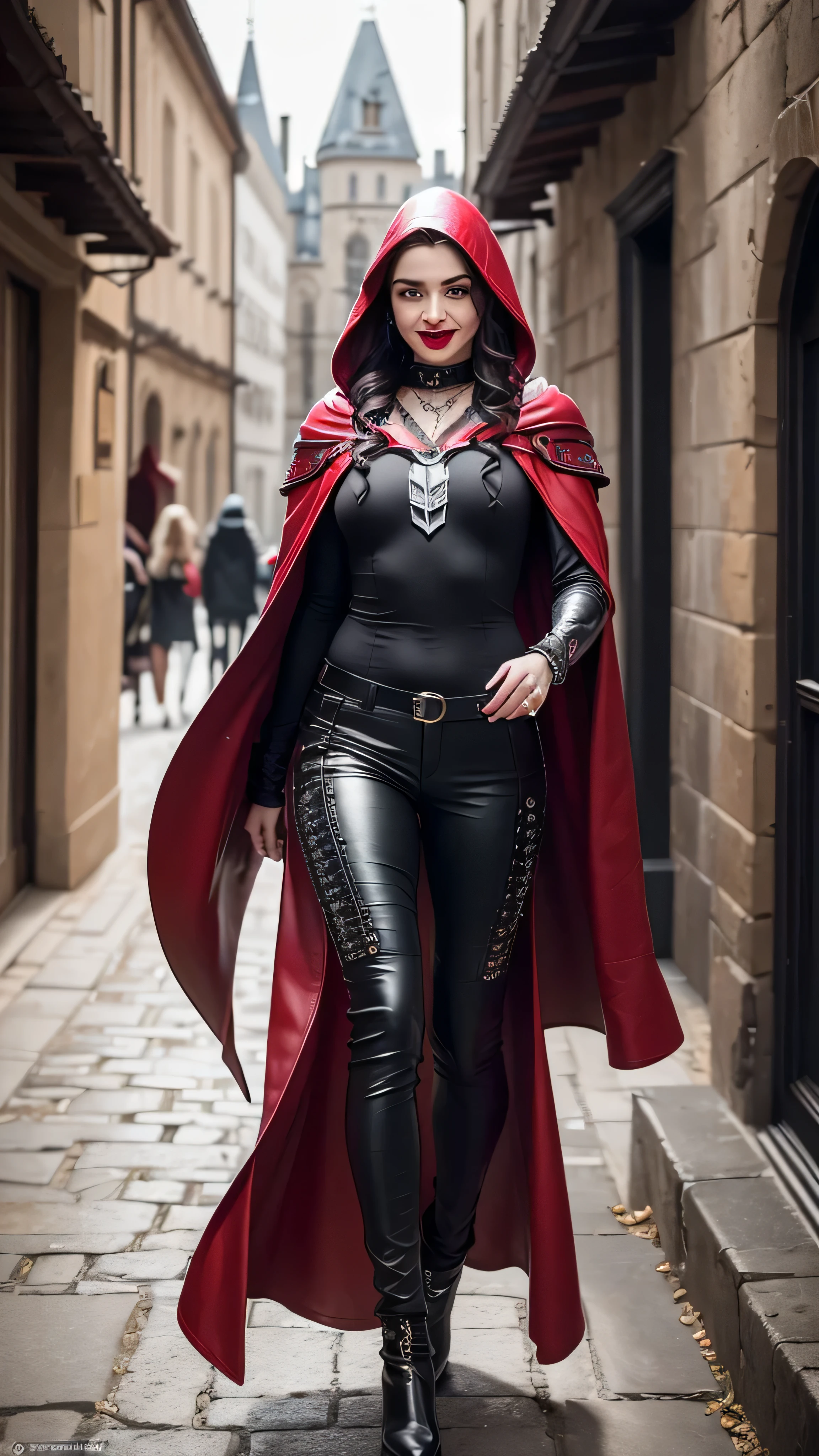 ((best quality: 1.5)) ((masterpiece: 0.8)), intricate details, sharp focus, professional, real life, realistic representation of the face, dynamic pose, in the style of realistic and hyper detailed renderings BREAK (((athletic woman, ((body tattoos:0.4, ((modest leather medieval armor, loose black sailor pants, (crimson cloak, hood, medieval castle courtyard outdoor crowded street, laughing, running away), blackout goth eyeshadow, red lipstick)))), ((((long black wavy hair)), [flat chest:medium breasts:0.8])), smiling, freckles: 0.7))), photorealistic, hyper-realistic, 8k