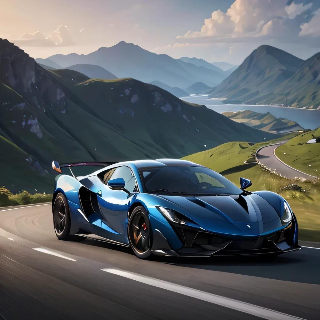 In a summer landscape, a supercar with dynamic aerodynamics takes control of the winding roads, its aerodynamic lines slicing through the air with pinpoint accuracy. The sleek figure, illuminated in ultra 16K resolution, exudes a sense of velocity and refinement. Framed from a low perspective with a broad lens, the side silhouette glimmers in midnight blue, captivating onlookers with its alluring hue and impeccable curves.