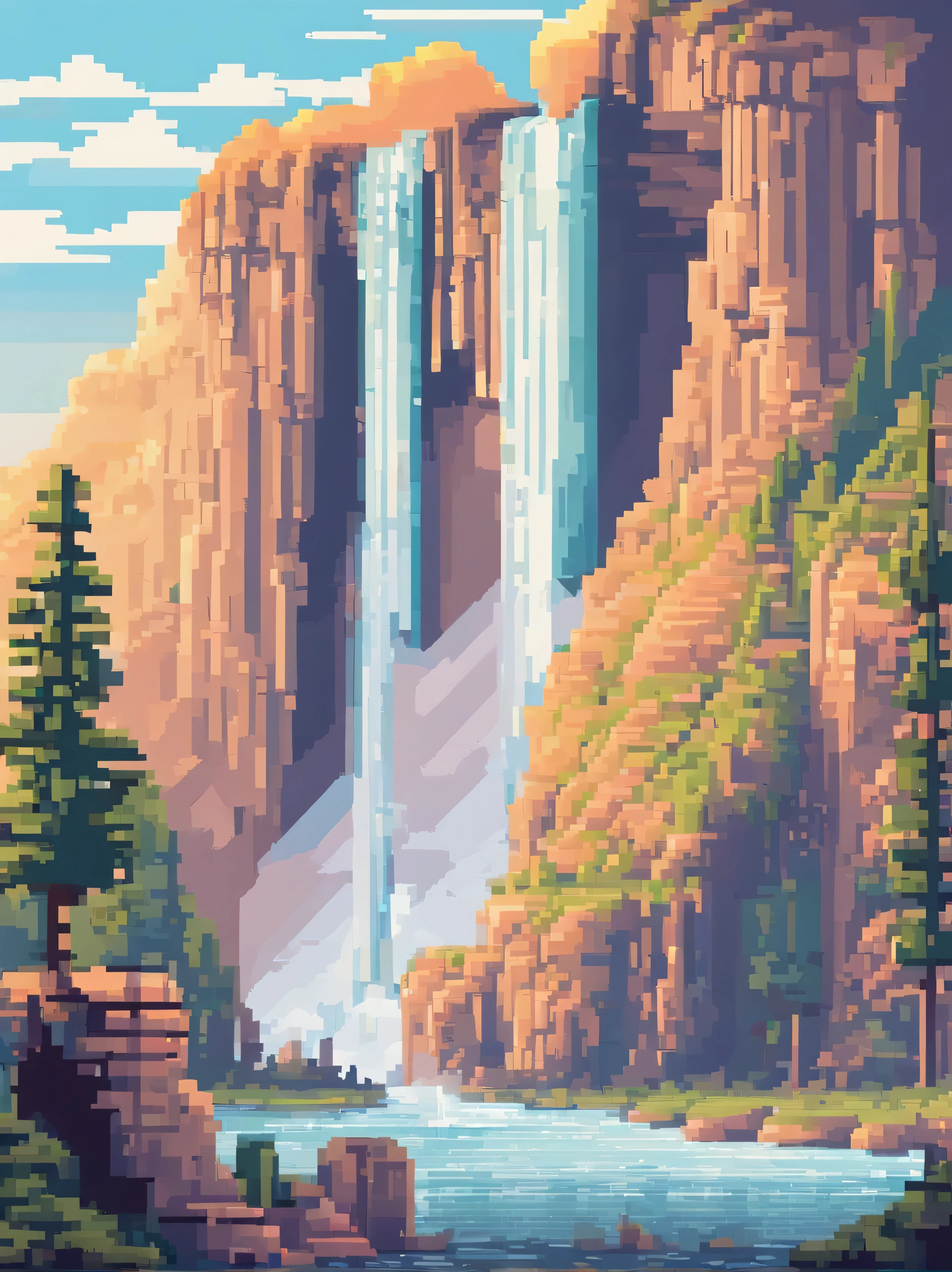 Majestic waterfall, pastel colors, sunshine, wide angle, very detailed