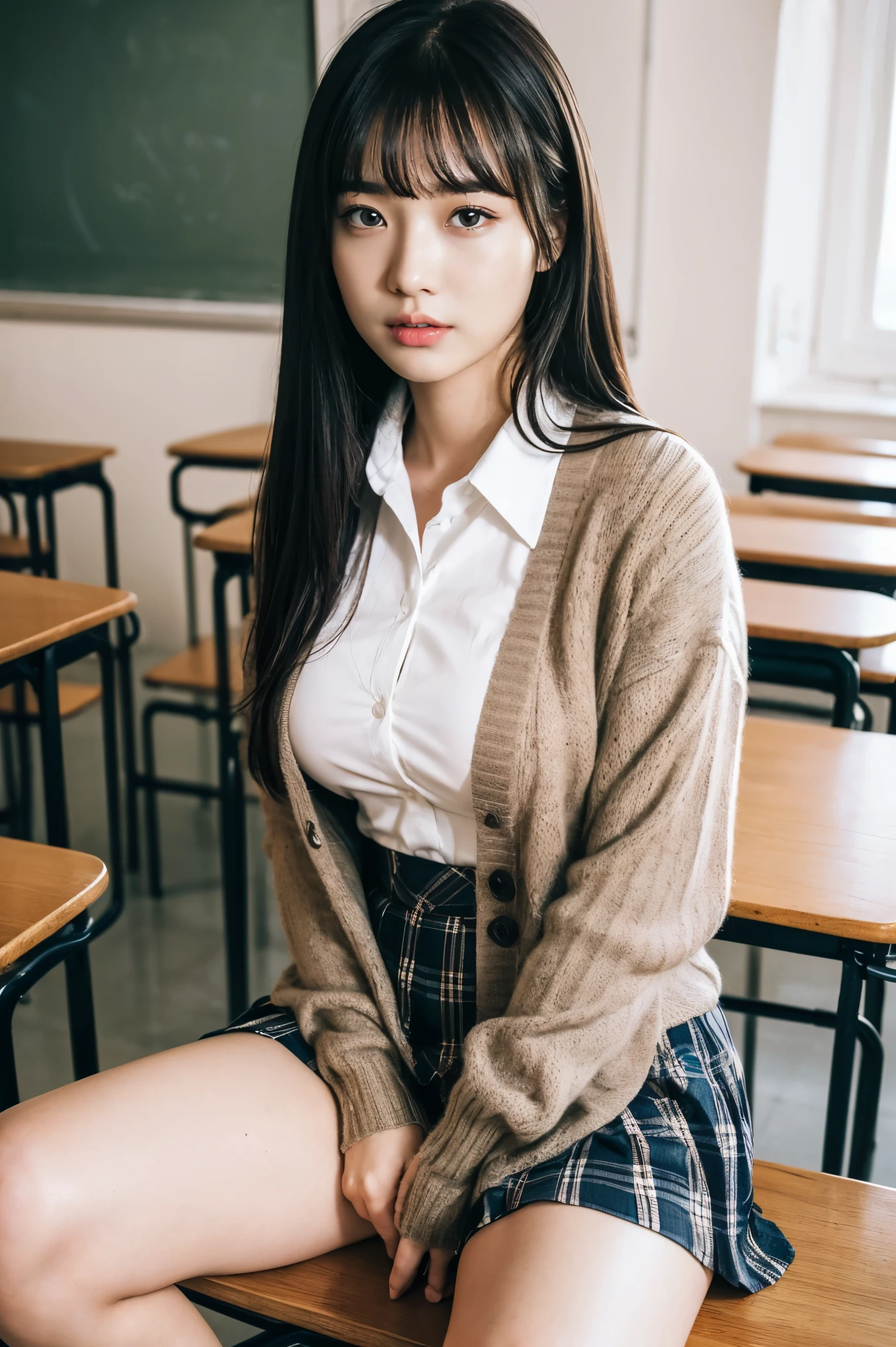 8k、high resolution、masterpiece、realistic、In detail、Fine texture、portrait from head to toe、high contrast、alone、high school girl、natural body shape、white skin、natural makeup、black hair、bangs、straight long hair、、(high 、long sleeve cardigan、white blouse、plaid pleated skirt、mini skirt)、、((big breasts))、((The upper body is wearing a uniform))、school classroom、looking at camera、thighs、white socks、black loafers、((open both knees、sitting on a chair with legs apart))、She holds down her skirt with her hands to hide her panties.