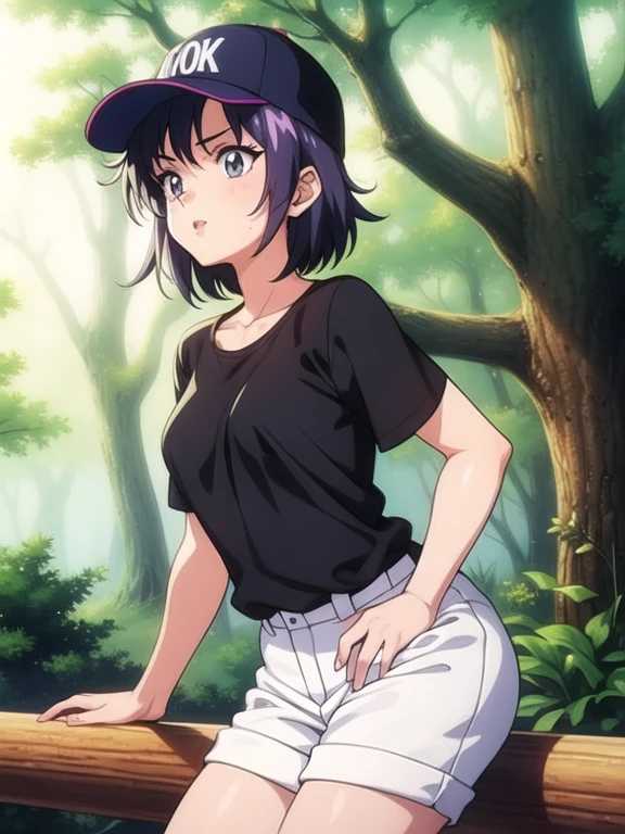 cute tomboy with baseball cap, long shorts, tee shirt , playing in the woods 90's anime
