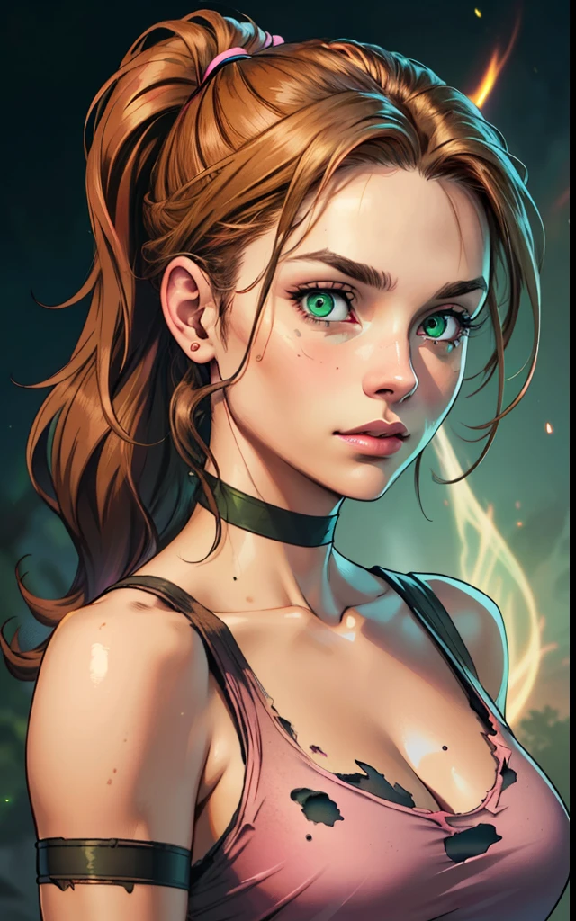 (((Best Quality)), ((Masterpiece)), (Detailed:1.4), 1women, solo, brown hair, Green eyes, pony tail, glowing eyes, , a perfect face, pink torn top, torn shorts, Morning lighting, Casting magic spells, The magic of the wind, Ethereal luminous aura,), big breastes