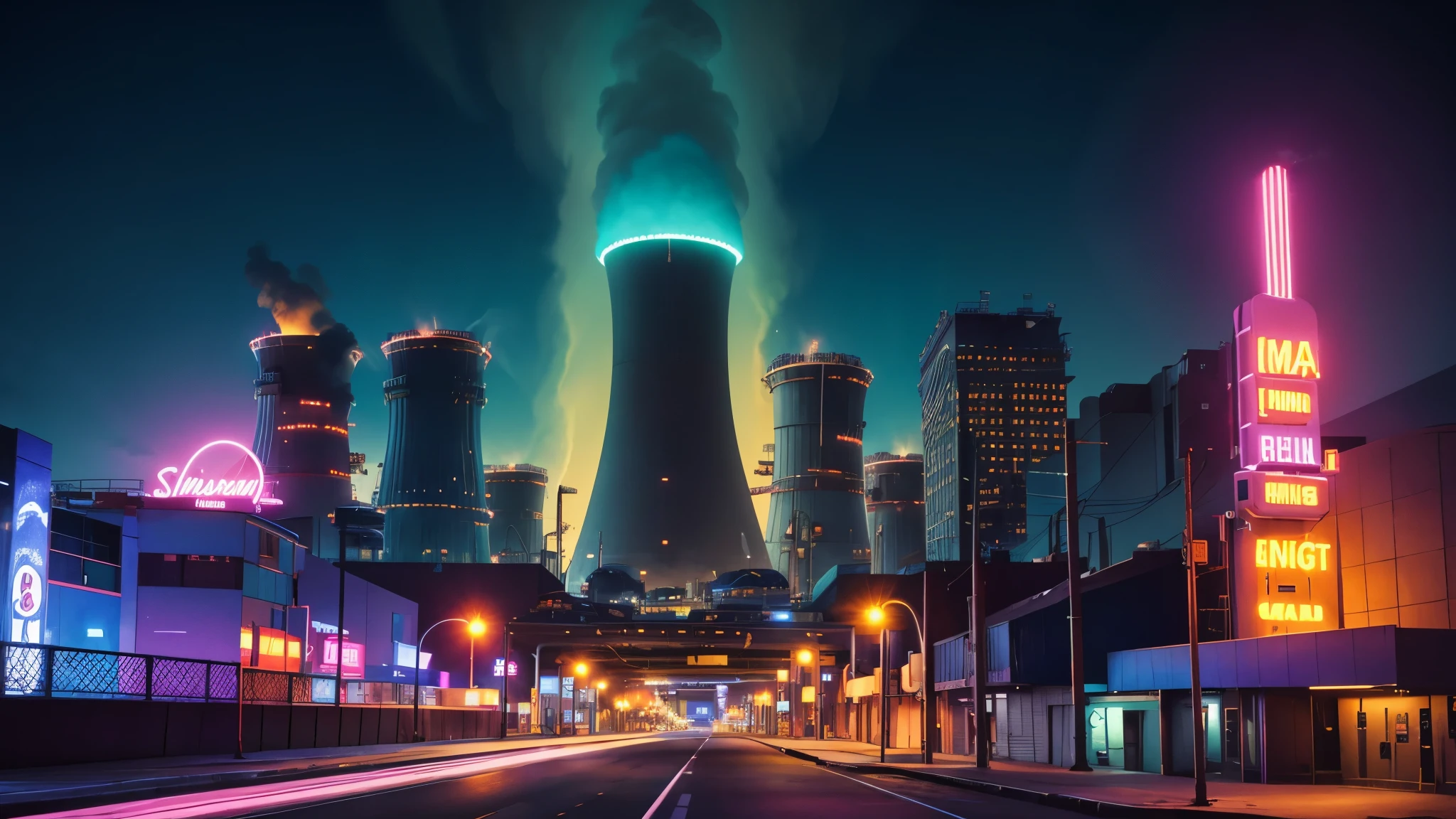 Usina Nuclear em Springfield (Simpsons reference). Vivid colors and semi-realistic details bring this unique work to life showcasing the city, com uma mistura de neon e luzes noturnas. The background is a Springfield Nuclear Power Plant with neon lights and a futuristic feel. The overall composition is an award-winning poster that showcases the artist's exceptional talent in digital painting.
