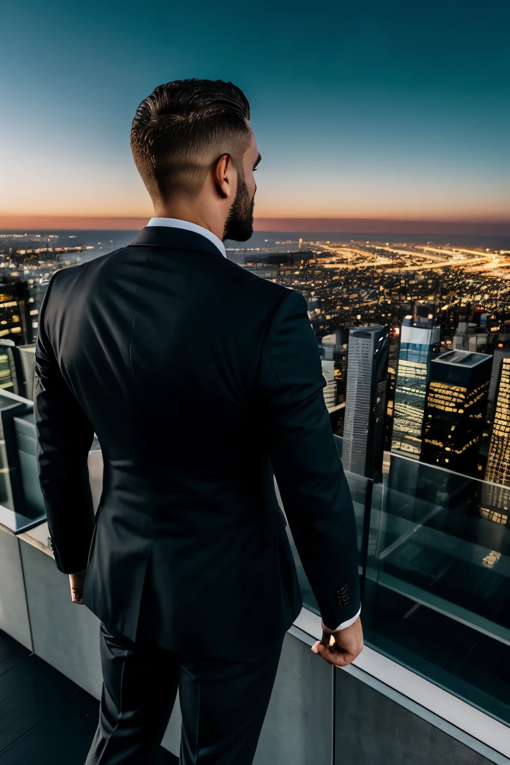a wise looking successful man in a suit looking victoriously away out over a city, overlooking a modern city, standing on a skyscraper rooftop, looking over city, looking at the city, great view, standing on rooftop, looking out, standing on a rooftop, amazing professional picture, sitting on a skyscraper rooftop, stood on top of a sky scraper, city in the background