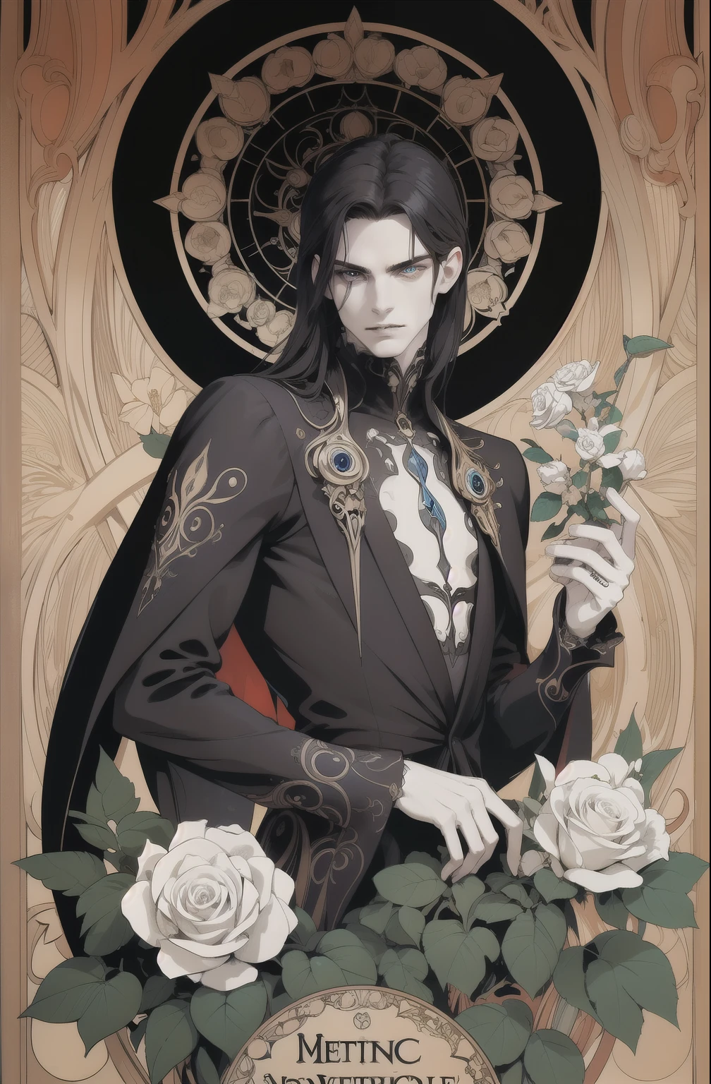 basic Art Nouveau, (((man))), A Vampire man tarot card with, man, perfect face, young, (((oval face))), dark clothes, soft and melancholic facial features, delicated, no wrinkles, gothic style, perfect detailed eyes and face, black hair and blue eyes vampire man, synthwave and Art Nouveau hybrid style, bold and flowing lines, dynamic composition mixing organic Art Nouveau patterns, intricate roses and motifs intertwined with geometric shapes, figure embodying The Vampire with an air of mystique and gothic, commanding yet serene expression, robes adorned with Art Nouveau inspired patterns, digital grid landscapes accented with natural forms, neon-like outline effects reminiscent of stained glass, white background, high contrast for easy coloring, visual clarity, French Art Nouveau, 80's Vaporwave art style. minimalist detail,