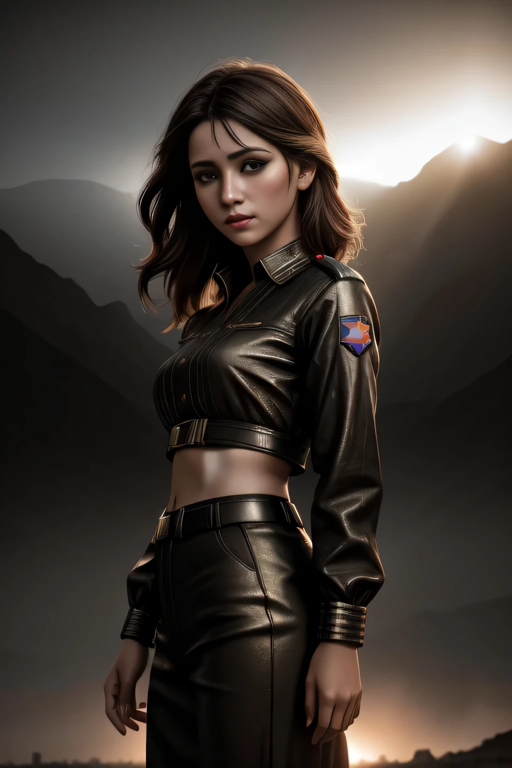 obra de arte, fotografia de corpo inteiro, beautiful german girl, rei, (cabelo super curto, estilo militar),(detalhado abdomen, provocante), parte alta da cidade, decote, (translucent shirt), seios perfeitos, very detalhado, dramatic lighting, digital art trends on Artstation 8k HD detailed realistic, detalhado, (textura da pele,) , pele suja, rugas, super detalhado, (realistic textura da pele), roupas apertadas, Melhor qualidade, super high resolution, ( fidelidade: 1.4), high resolution, detalhado, cores neutras, atmosfera escura, Low saturation, Foto CRU, re afiado, by Lee Jeffries Nikon D850 Stock Film Photography 4 Kodak Portra 400 Camera F1.6 colors rich in hyper realistic lenses realistic texture dramatic lighting unrealengine trending on artstation cinestill 800,