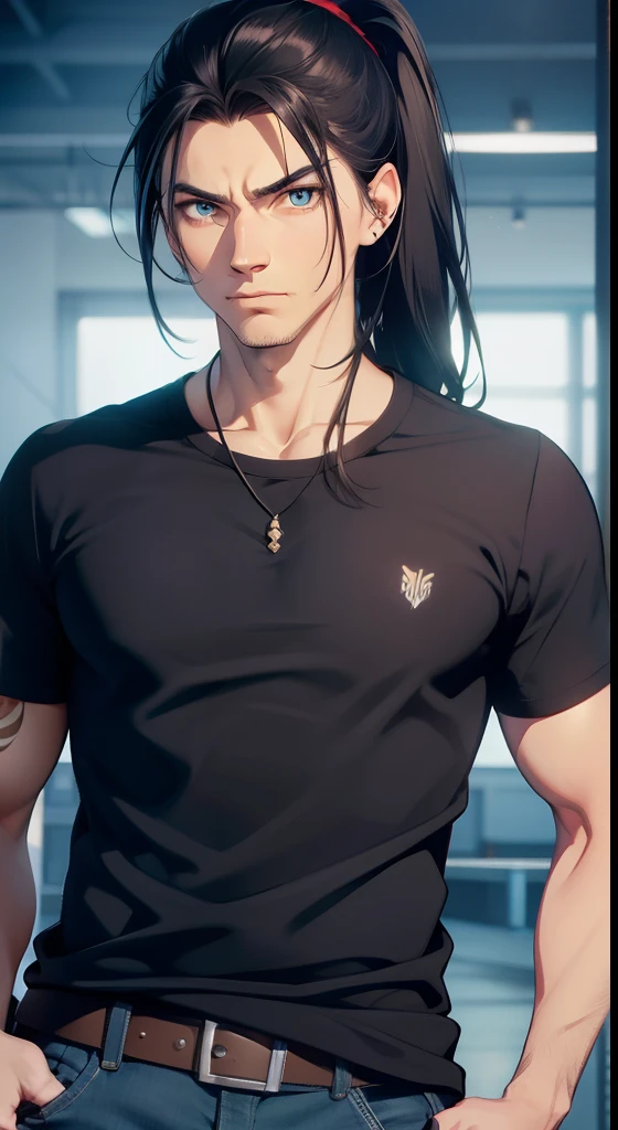 adult man, Long black hair, high ponytail, blue eyes, european, casual clothes, jeans, shirts, anger, Masterpiece, hiquality, katana