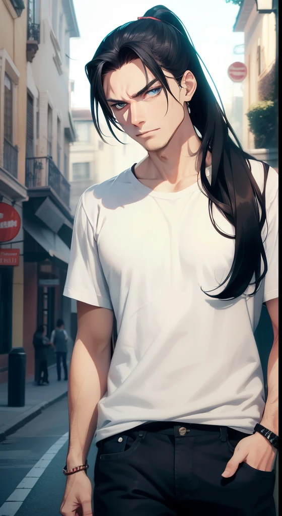 adult man, Long black hair, high ponytail, blue eyes, european, casual clothes, jeans, shirts, anger, Masterpiece, hiquality