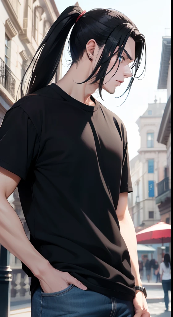 adult man, Long black hair, high ponytail, blue eyes, european, casual clothes, jeans, shirts, anger, Masterpiece, hiquality