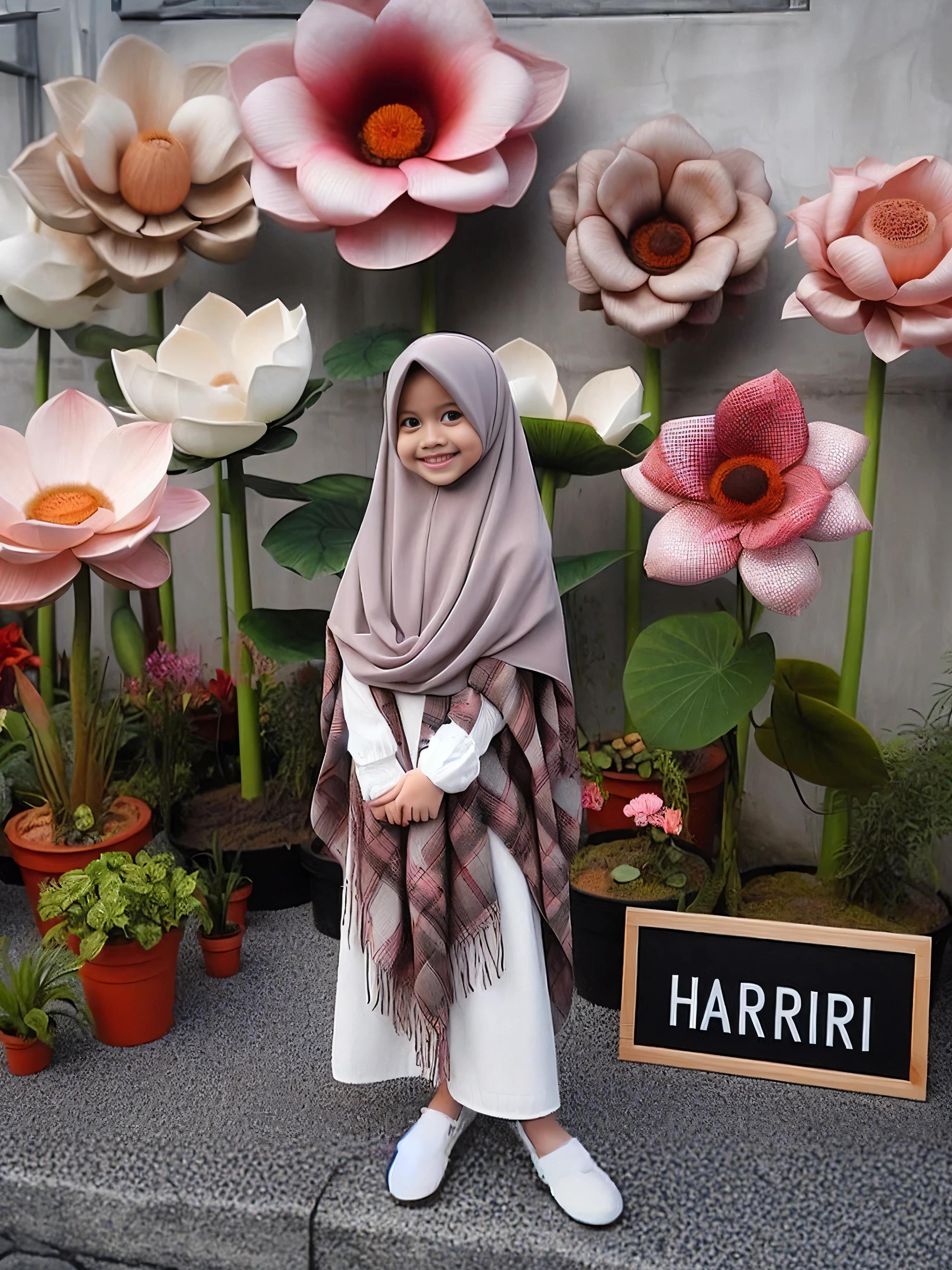 there is a young girl standing in front of a display of flowers, inspired by Fathi Hassan, inspired by Nazmi Ziya Güran, hijab, hurufiyya, inspired by Sarper Baran, larapi, inspired by Naza, faridah malik, inspired by Maryam Hashemi, harumi, inspired by Zahari Zograf
