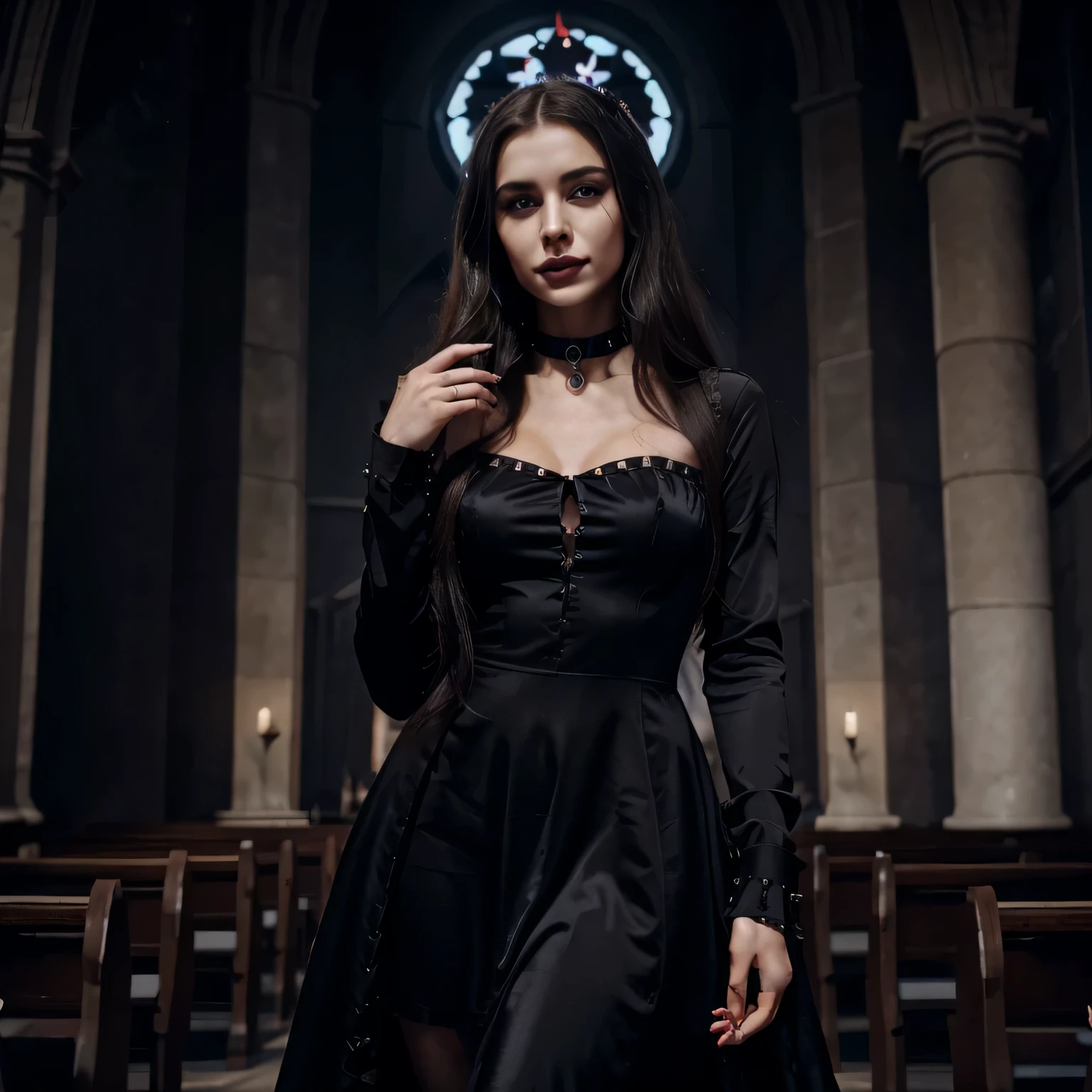 Albanian, girl, long brown hair, blue eyes, Character: Beautiful brunette goth girl, Description: Silky black dress, black spiky choker, Setting: Dante's Inferno, Mood/Emotion: Cheery yet very pale, Detail: Black lipstick, Atmosphere: Satanic symbols, Emotion: Happiness, In a Satanic Church, Panoramic view