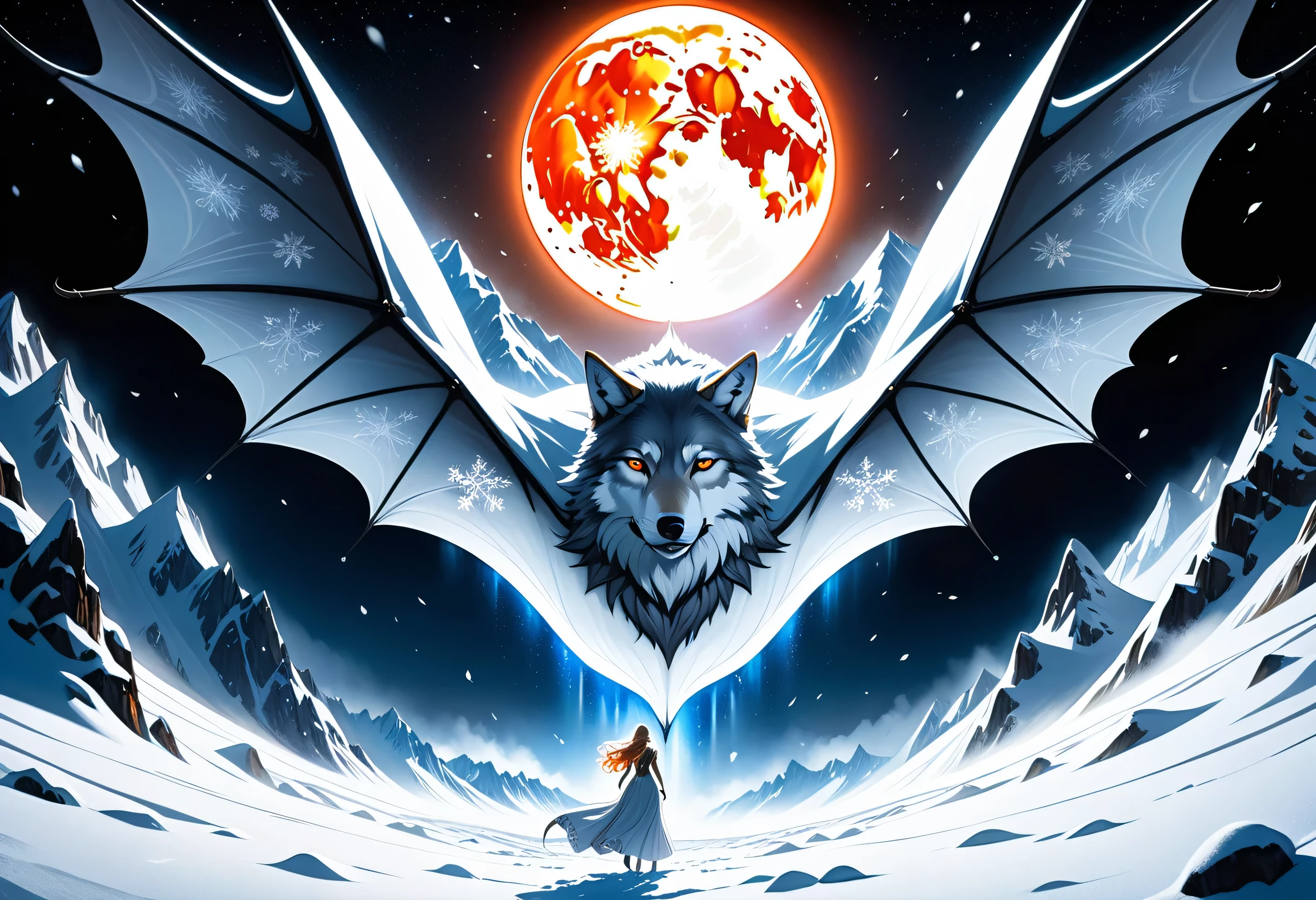 dark fantasy nature illustration, A sense of awe and grandeur with gray wolves and landscapes, Surroundings of black and orange glow paint, Team sticker with flying rays,- Design inspired by fantasy formulas, stunning big body, every delicate detail and small detail, Coating with snowflake effect, fantastic realism, Heavy snow night landscape illustration, Additional coating pale white, stylish pose, Red glowing moon, dim fantasy full smoke monitor, elaborate background, movie angle and lighting, Detailed 32K rendering,