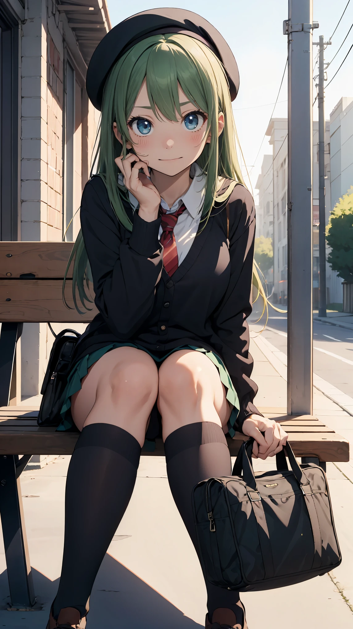 (masterpiece, highest quality), High resolution, detailed face:1.2, anime(1.2), sharpness, 4k, woman posing for a photo, panicked face, upset, open your mouth, long hair, green hair, straight hair, shy smile, fine skin, beautiful hands, beautiful fingers, Wearing a beret, tie, long sleeve blouse, cardigan, pleated skirt, school bag, thighs, Absolute area, knee socks, thighsに手を入れる, during the day, hot summer day, School, schoolyard, sitting on the bench, holding a smartphone in hand, Natural light, sharp focus, Hasselblad Photos, cinematic lighting, whole body,