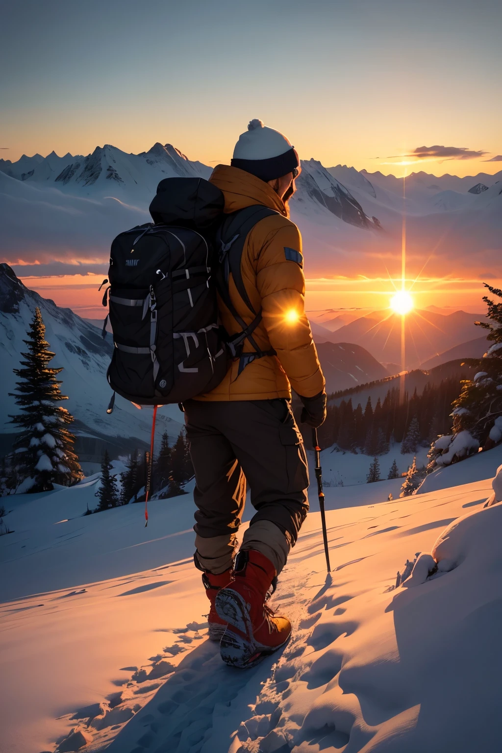 A determined man in third person view, with his back towards us, scales a mountain as the sun begins to rise. His face is hidden from view, but his strong posture and focused expression suggest his unwavering determination to reach the summit despite the early morning chill and the daunting height before him. The sun casts long, golden rays over the landscape, illuminating the rugged terrain and the man's journey towards the peak. The crisp air, punctuated by the sound of his footsteps and the occasional rustling of leaves, creates an atmosphere of serene challenge. As the sun continues to rise, the man's silhouette against the brightening sky becomes a symbol of determination, courage,