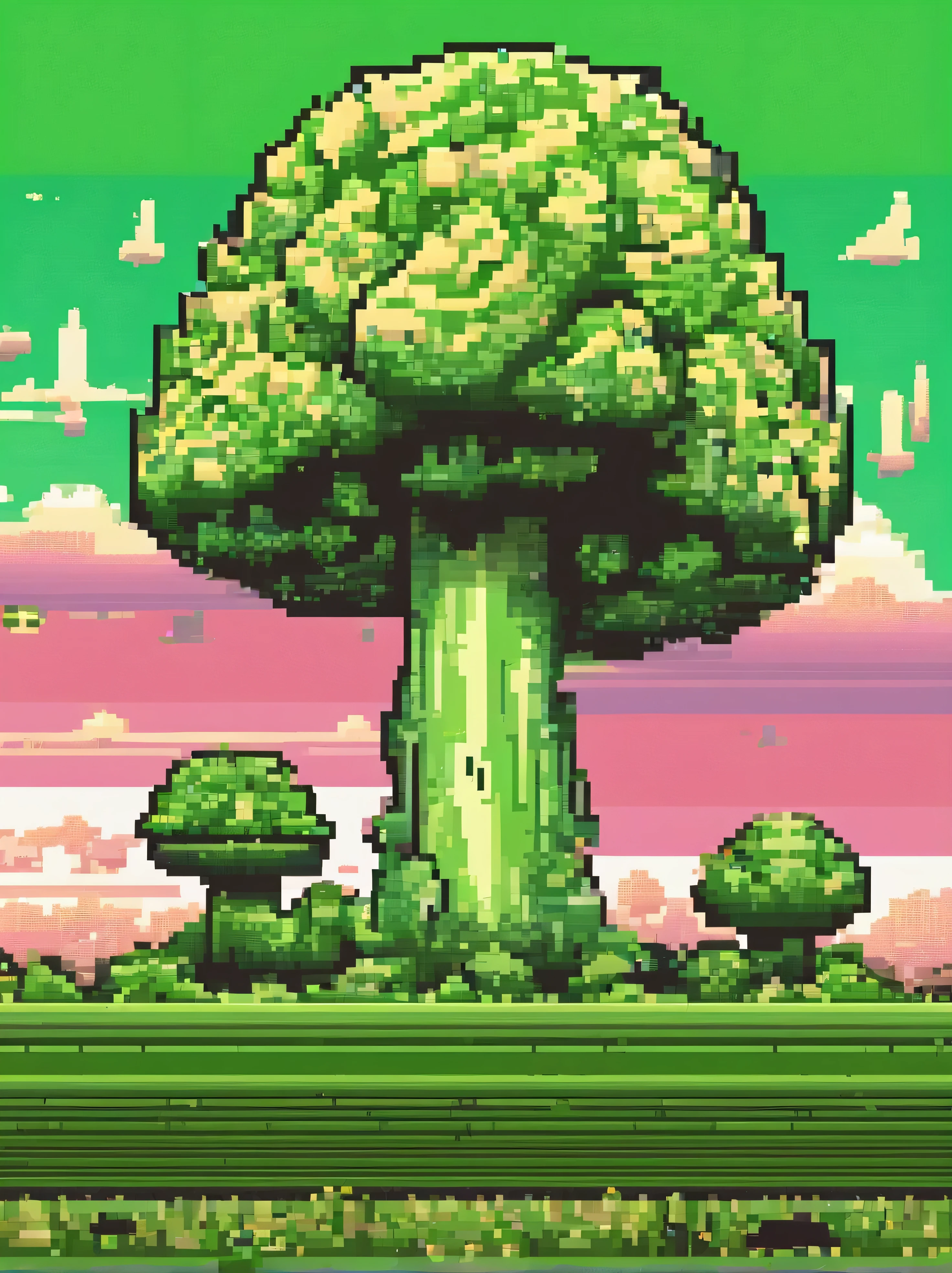 Atomic bomb blast, mushroom cloud but it looks like broccoli, blast is green, pastel colors, video game aesthetic, very detailed