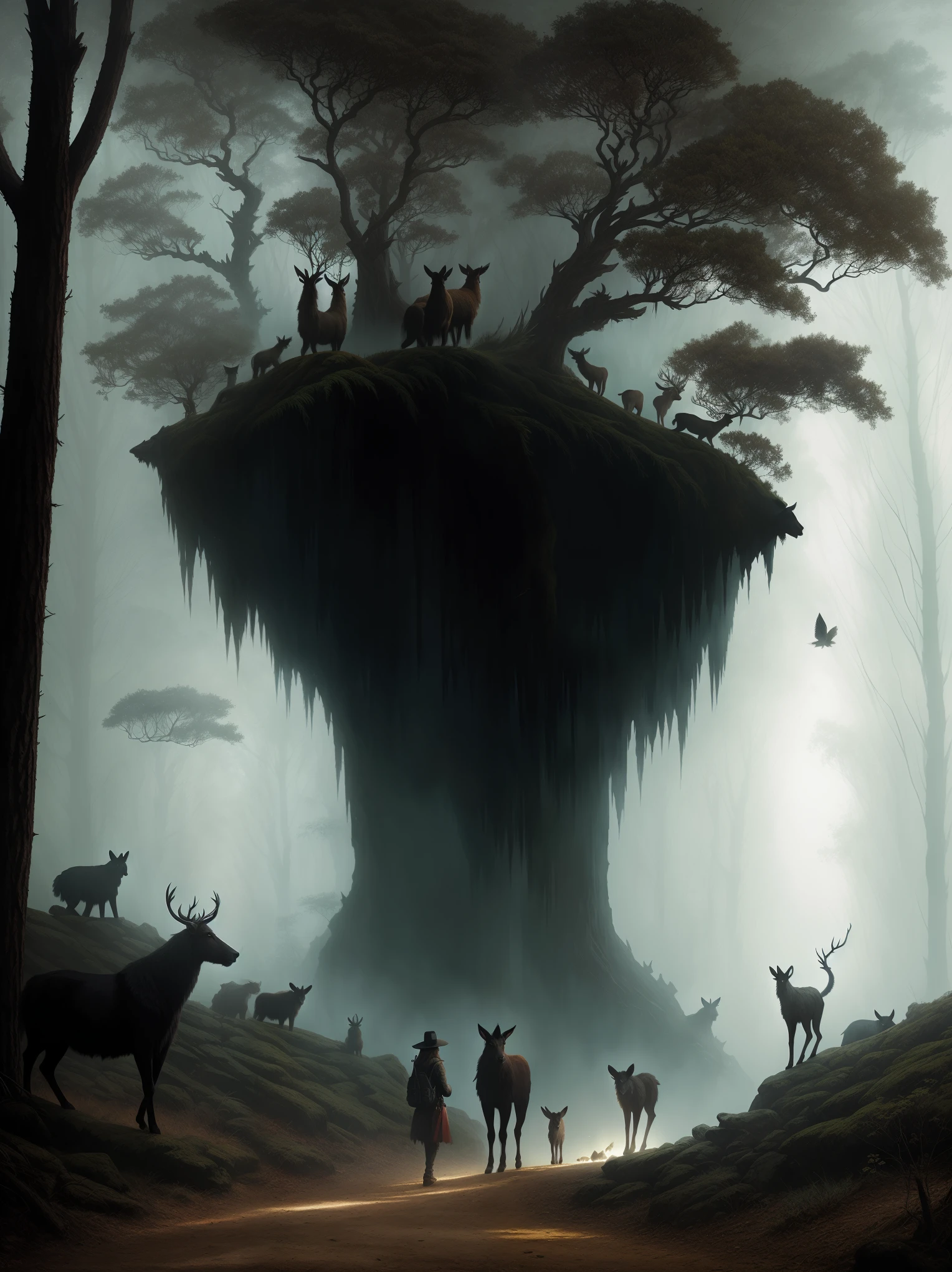 animales en el bosque oscuro, Arte Oscuro, surrealism, dramatic, Greg Rutkowski
