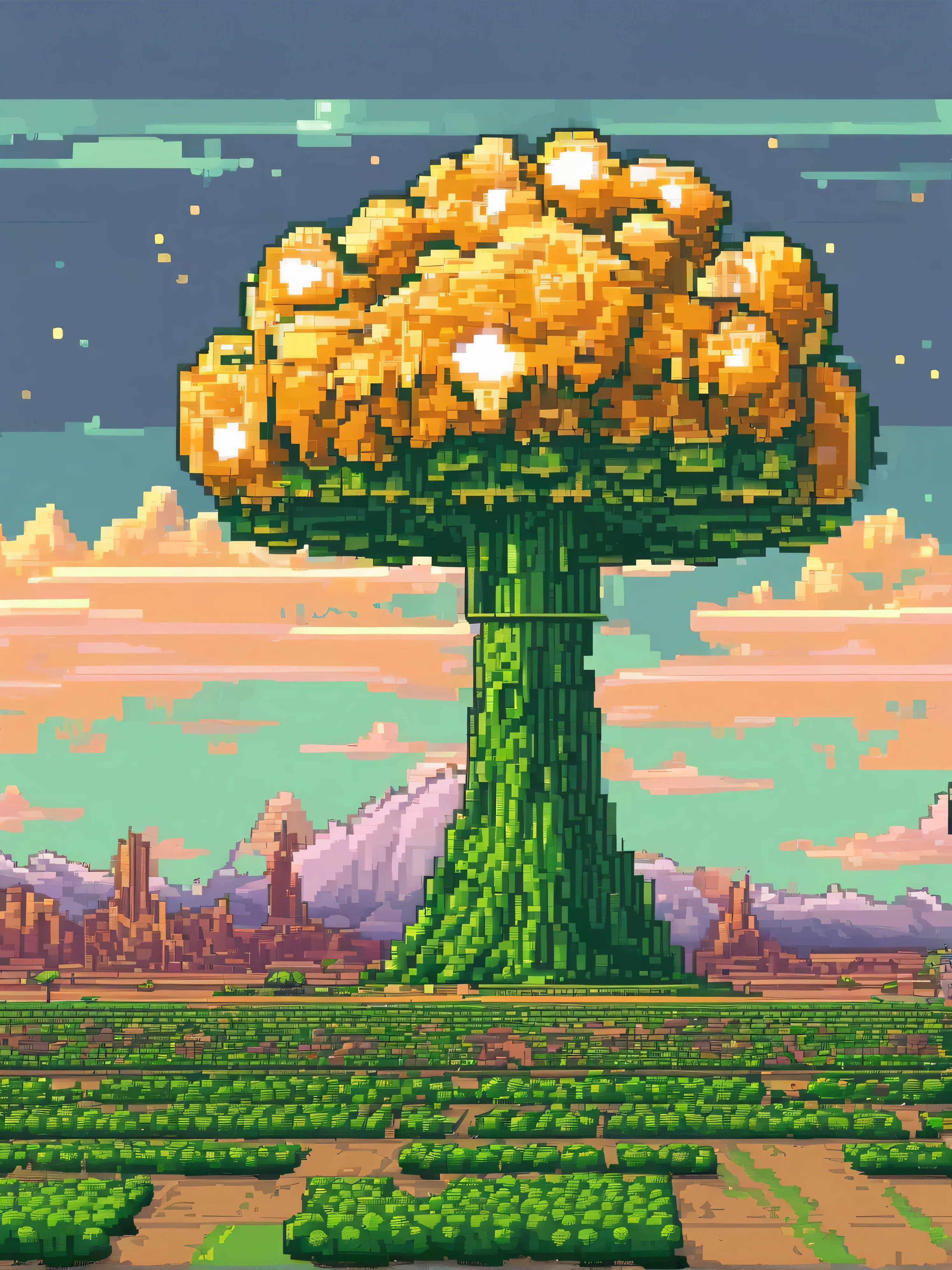 Atomic bomb blast, mushroom cloud but it looks like broccoli, blast is green, pastel colors, video game aesthetic, very detailed