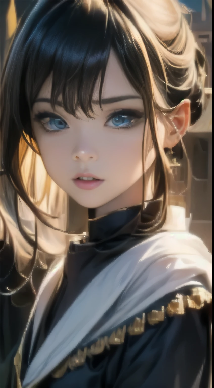 (masterpiece, highest quality, Upper body:1.4), 1 girl, (close:1.1), Sublime Wall, castle hall, blue eyes, 8K, Raw photo, absurd, fractalized, perspective, Depth of the bounds written, HDR, sharp focus, High resolution, photo shoot, realistic, best details, very detailed details, super detailed, small details, Ivory Gold