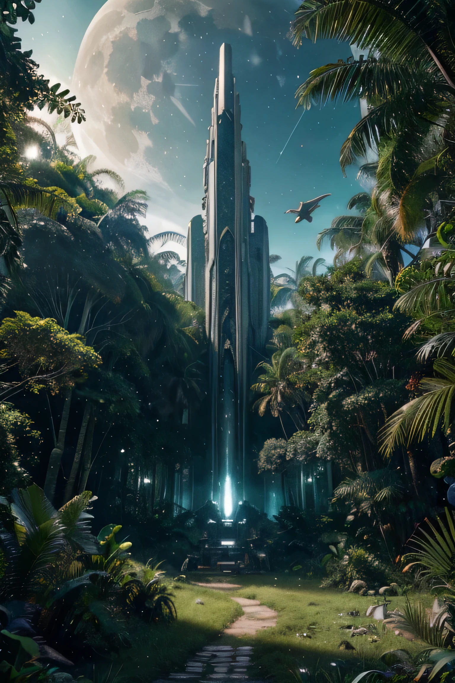 (Mejor calidad,ultra detallado,realista,high resolution:1.2),Luna grande y detallada, brillantemente iluminado, selva tropical, Aterrizaje de naves espaciales, landscape of alien planet, verdor intenso, colores vibrantes, paisaje majestuoso, astronave, de otro mundo, mystical atmosphere, lush vegetation, exotic flora and fauna, follaje denso, ethereal light, ambiente surrealista, de otro mundo terrain, estrellas brillantes, peaceful tranquility, Naturaleza virgen, belleza cautivadora, ambiente sereno, Vida silvestre fascinante, texturas intrincadas, vistas impresionantes, extraordinaria biodiversidad, extraterrestrial atmosphere, ruinas antiguas, secretos escondidos, Encantamiento hechizante, elaborate spaceship design, advanced technology, futuristic aesthetic, vista impresionante, detalles fascinantes, grandeza, mythical kingdom, energia cosmica, Intergalactic exploration.