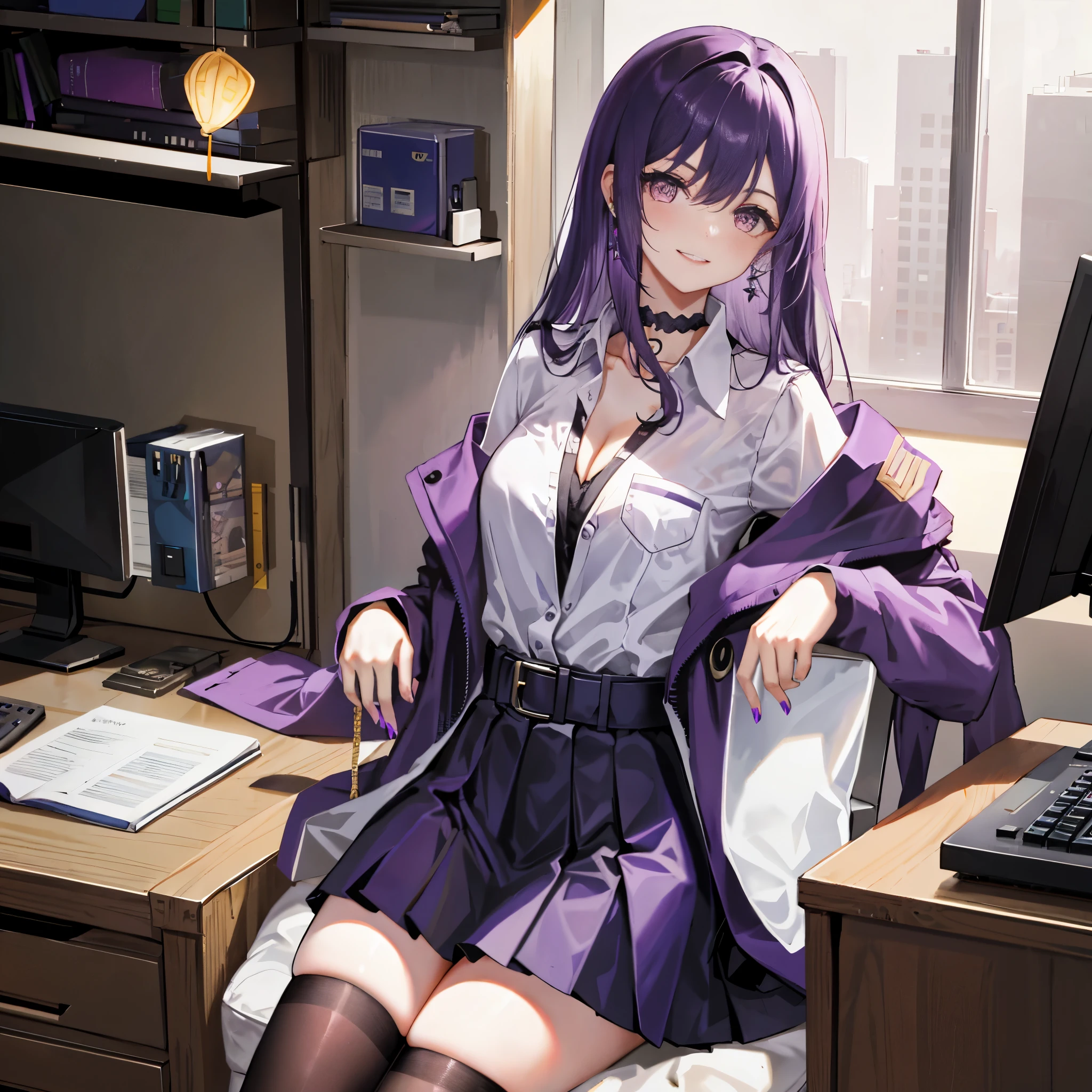 Ke Qing, genshin impact, 1 girl, alone, ((white shirt)), black Thighhighs, chest, cleavage, uniform, office background, black skirt, pleated skirt, office, hair between eyes, messy hair, large chest, hair ornaments, long hair, looking at the viewer, purple hair, choker, earrings, 耳にearringsの穴を開ける, リップearrings, purple short nails, purple eyes, alone, Thighhighs, thighs, very long hair, ((masterpiece)), sitting, Chair, machine, computer on machine, name tag, ID tag, indoor, blush, smile, show teeth, sexy pose, lip earrings,Open your legs and show off your panties