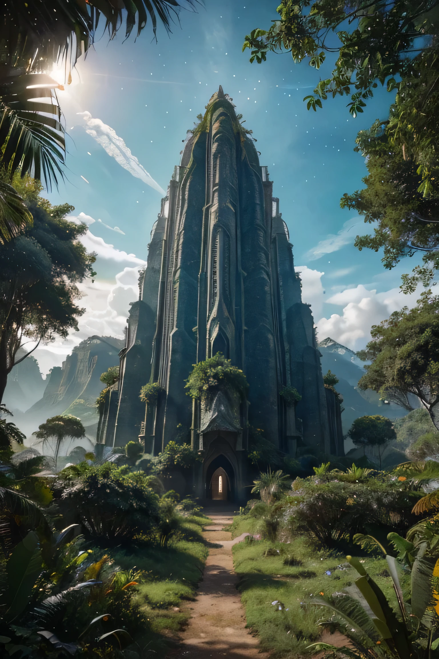 (Mejor calidad,ultra detallado,realista,high resolution:1.2),Luna grande y detallada, brillantemente iluminado, selva tropical, Aterrizaje de naves espaciales, landscape of alien planet, verdor intenso, colores vibrantes, paisaje majestuoso, astronave, de otro mundo, mystical atmosphere, lush vegetation, exotic flora and fauna, follaje denso, ethereal light, ambiente surrealista, de otro mundo terrain, estrellas brillantes, peaceful tranquility, Naturaleza virgen, belleza cautivadora, ambiente sereno, Vida silvestre fascinante, texturas intrincadas, vistas impresionantes, extraordinaria biodiversidad, extraterrestrial atmosphere, ruinas antiguas, secretos escondidos, Encantamiento hechizante, elaborate spaceship design, advanced technology, futuristic aesthetic, vista impresionante, detalles fascinantes, grandeza, mythical kingdom, energia cosmica, Intergalactic exploration.