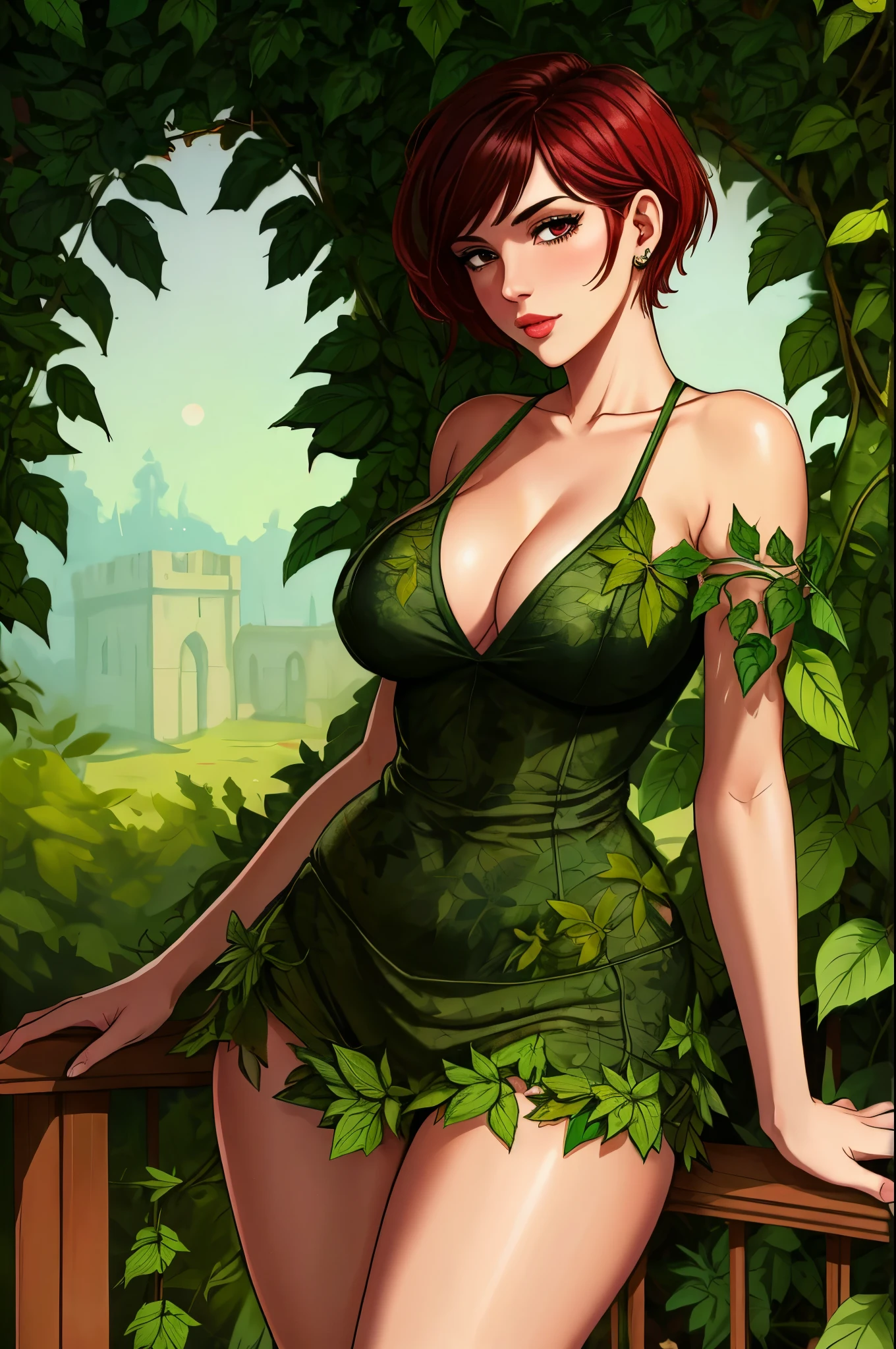 gorgeous tomboy duidess, clothes made of leaves, ivy, poison, vines, dandelions, dark red hair, black hair, pixie cut