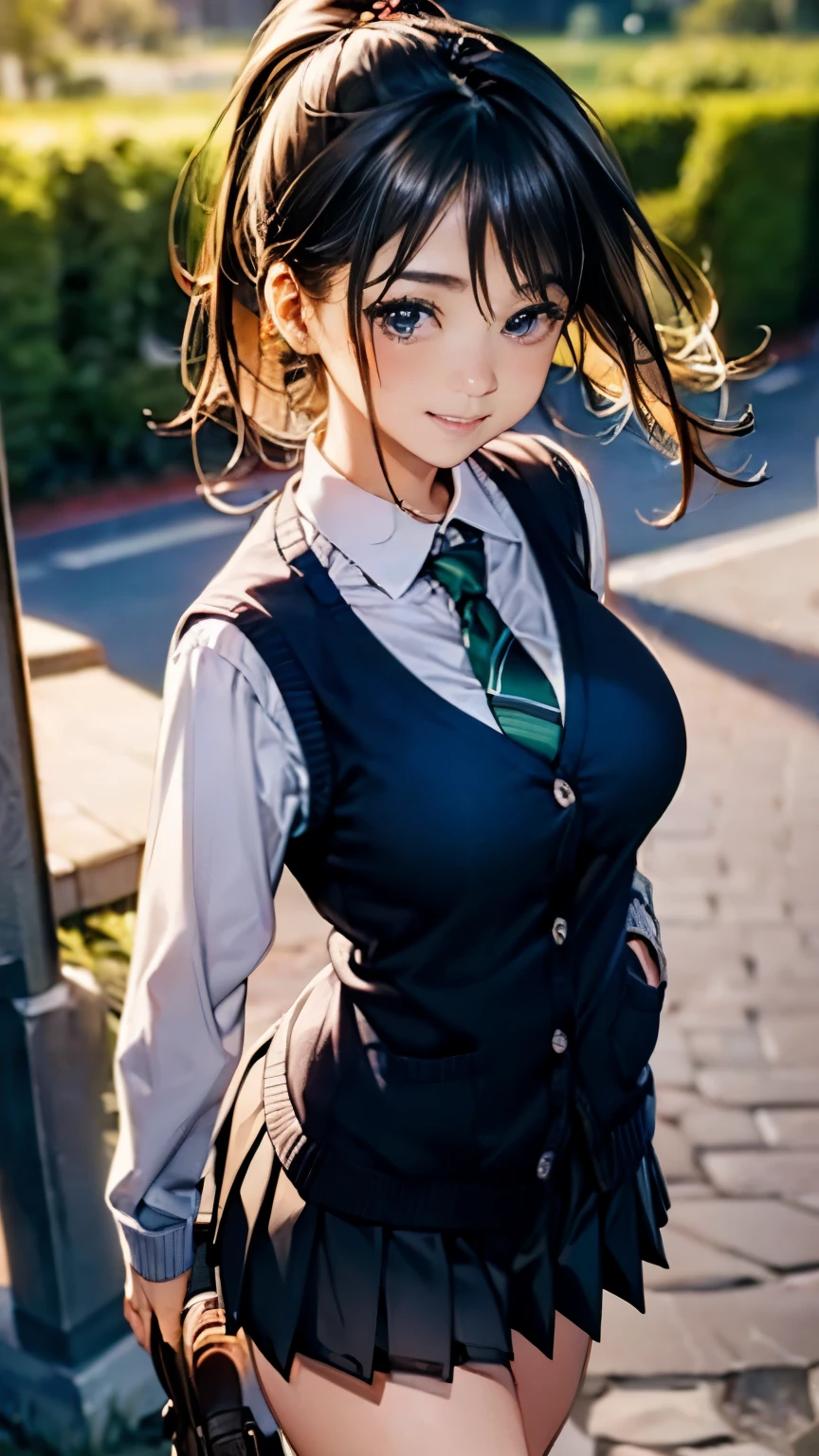 (masterpiece:1.2, highest quality), (realistic, photorealistic:1.4), beautiful illustrations, (natural side lighting, movie lighting),
looking at the viewer, cowboy shot, Front view:0.6, 1 girl, Japanese, high school girl, perfect face, Cute symmetrical face, shiny skin,
(ponytail:1.7, straight hair:1.5, side lock, black hair), parted bangs, emerald green eyes, long eyelash, (big breasts:0.9, thick thighs),
beautiful hair, beautiful face, detailed and beautiful eyes, beautiful clavicle, beautiful body, beautiful breasts, beautiful thighs, beautiful feet, beautiful fingers,
((white long sleeve collared shirt, gray pleated mini skirt, navy socks, brown loafers, Dark green tie, black cardigan vest)), pink panties,
(beautiful scenery), evening, riverside, walk, put your hand on your chest, (cute smile, upper eye),