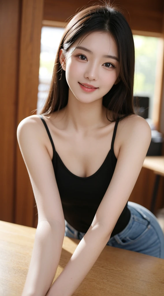 table top, highest quality, shape, Super detailed, finely, High resolution, 8k wallpaper, 完璧なダイナミックな構shape, beautiful and detailed eyes, trendy women winter fashion,small breasts natural color lip, sexy pose,smile,Harajuku、20 year old girl、sexy look for the camera
