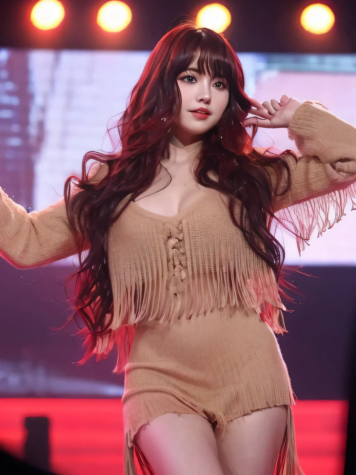 Japanese Idol Girl with Dark Red Wavy Hair with Fringe in Elegant naked fully without clothes on the Evening Stage