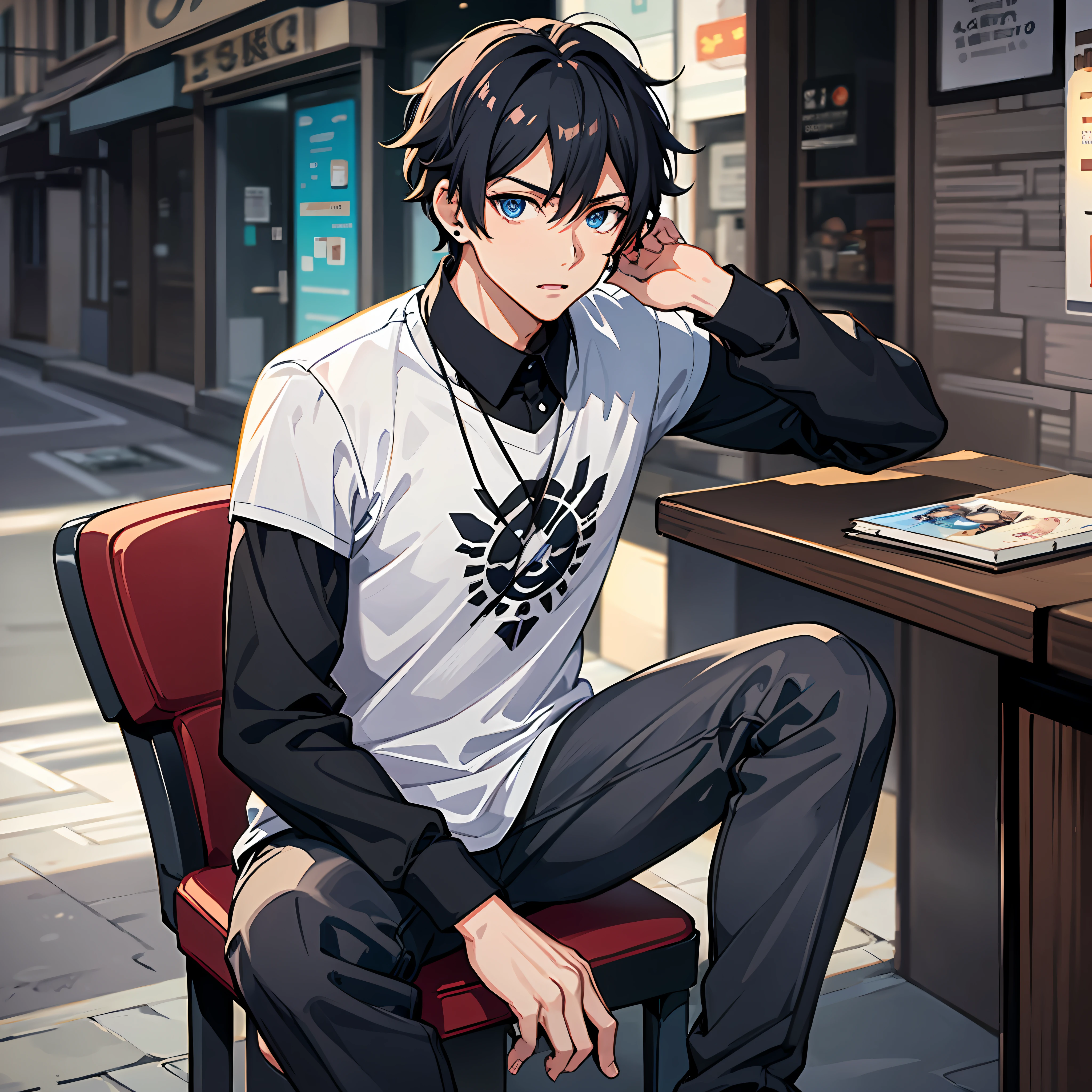 Anime character in a white t-shirt,In a quaint street,sitting on a chair,His demeanor is cold.,Tall anime man with blue eyes,anime boy,Handsome boy anime,Anime image of a handsome young man,anime art style moe,anime style men,Okumura Masanobu's inspiration,male anime characters,anime boy,High quality anime art style,Handsome anime poses,Smooth CG anime art,has short black hair,black stud earrings